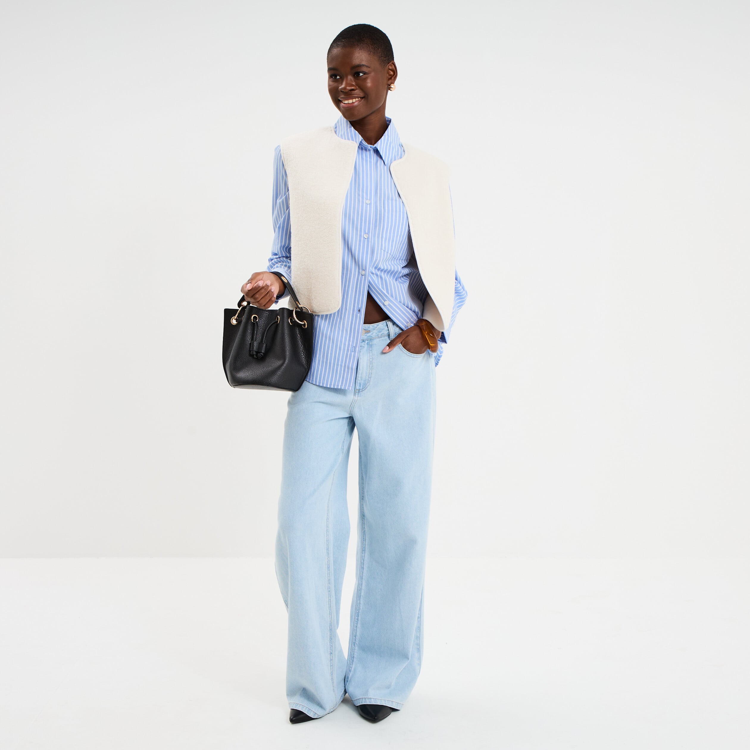 Chemise oversize 1 poche coton bleu femme