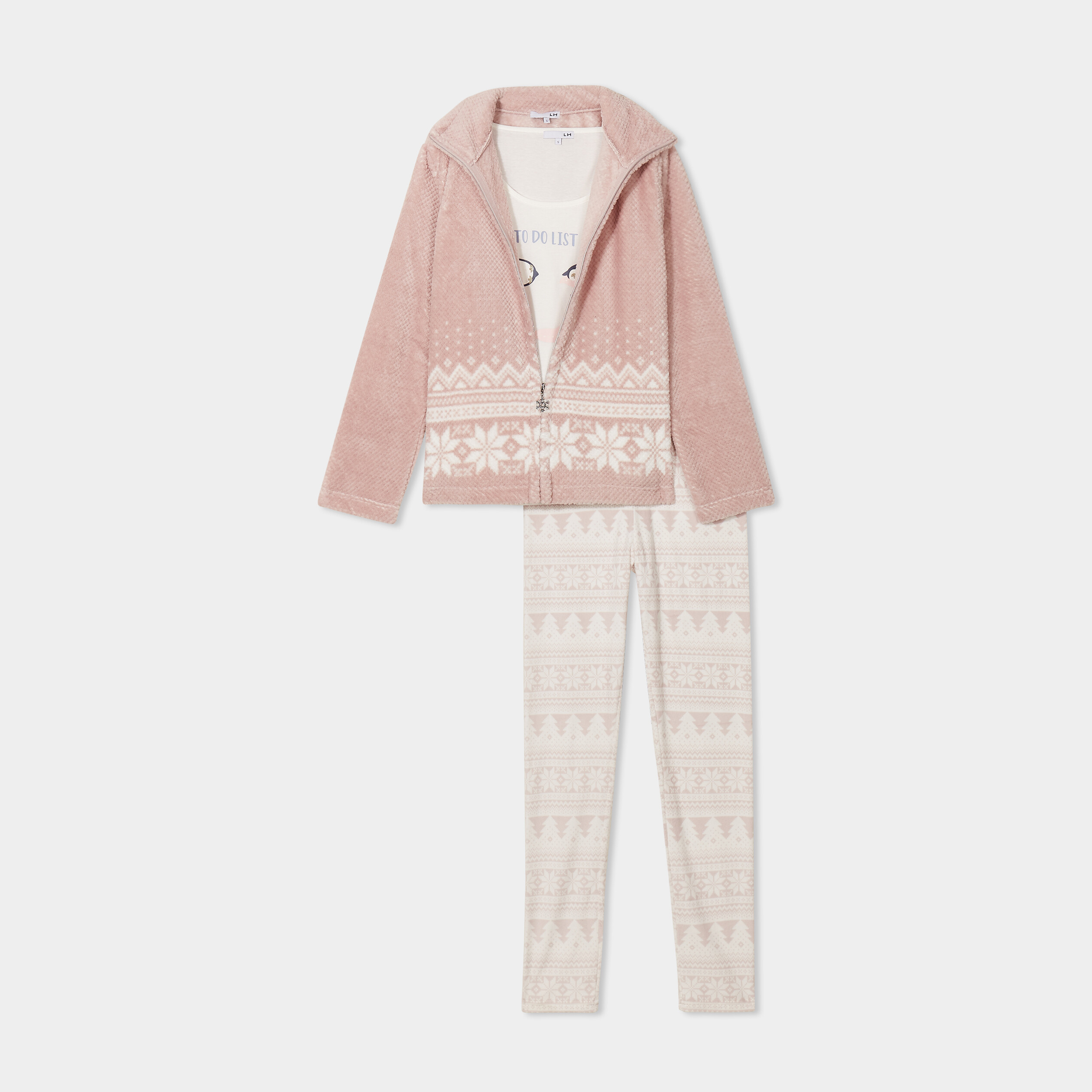 Ensemble pyjama effet polaire 3 pièces rose pastel femme