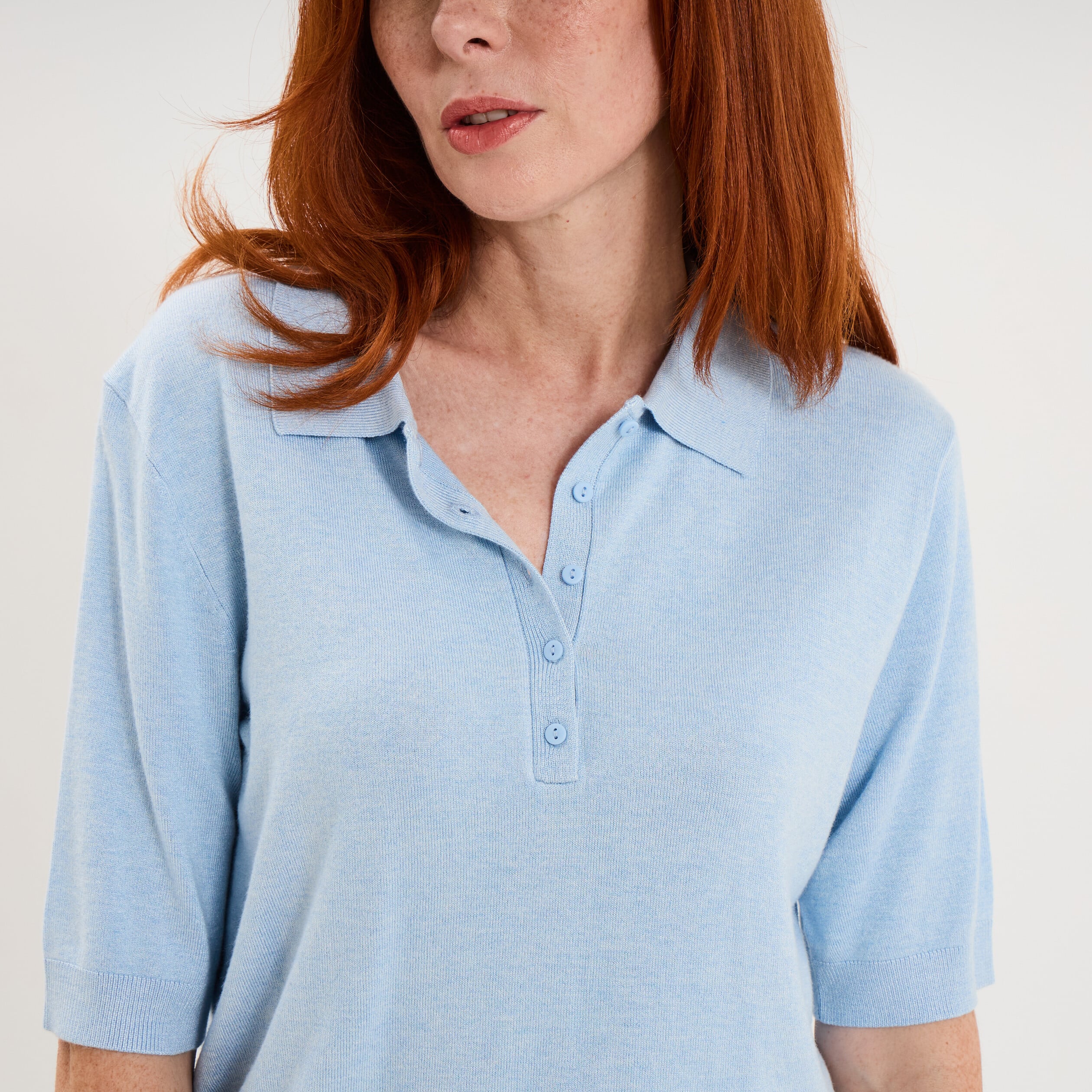 Pull col polo manches courtes bleu femme