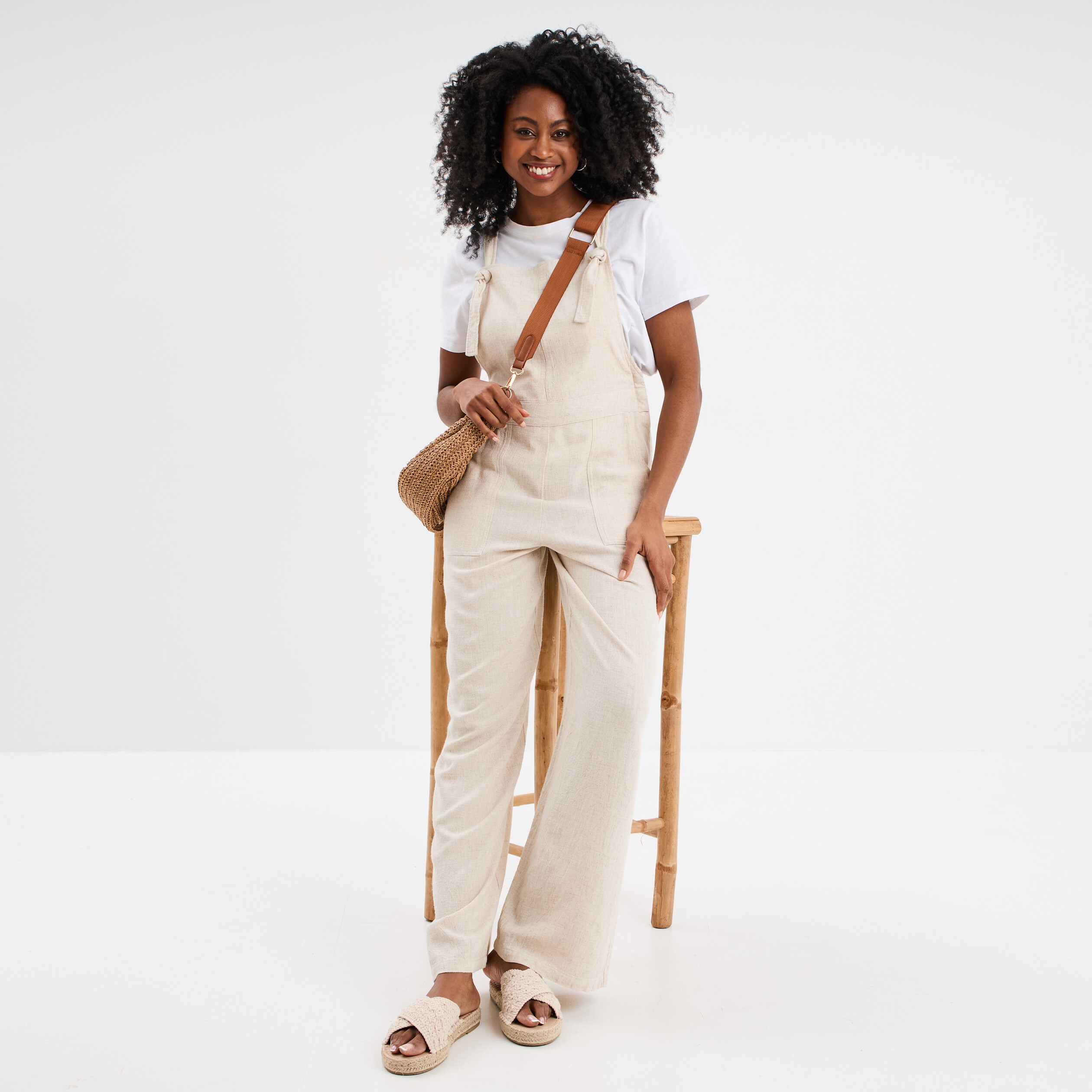 salopette jambe large bretelles nouees beige femme Salopette jambe large bretelles nouées beige femme