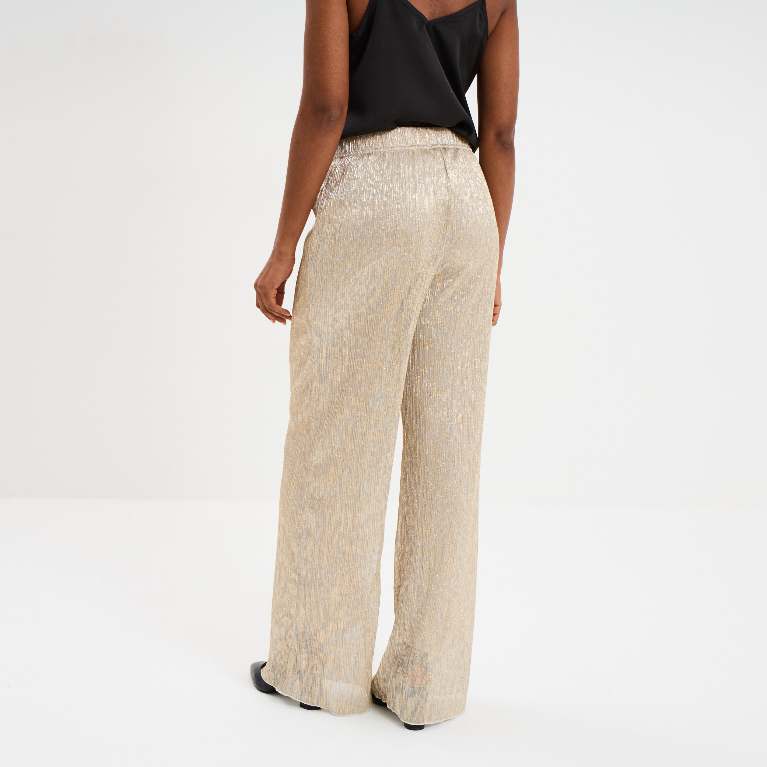 pantalon plisse taille elastiquee jaune or femme Pantalon plissé taille élastiquée jaune or femme