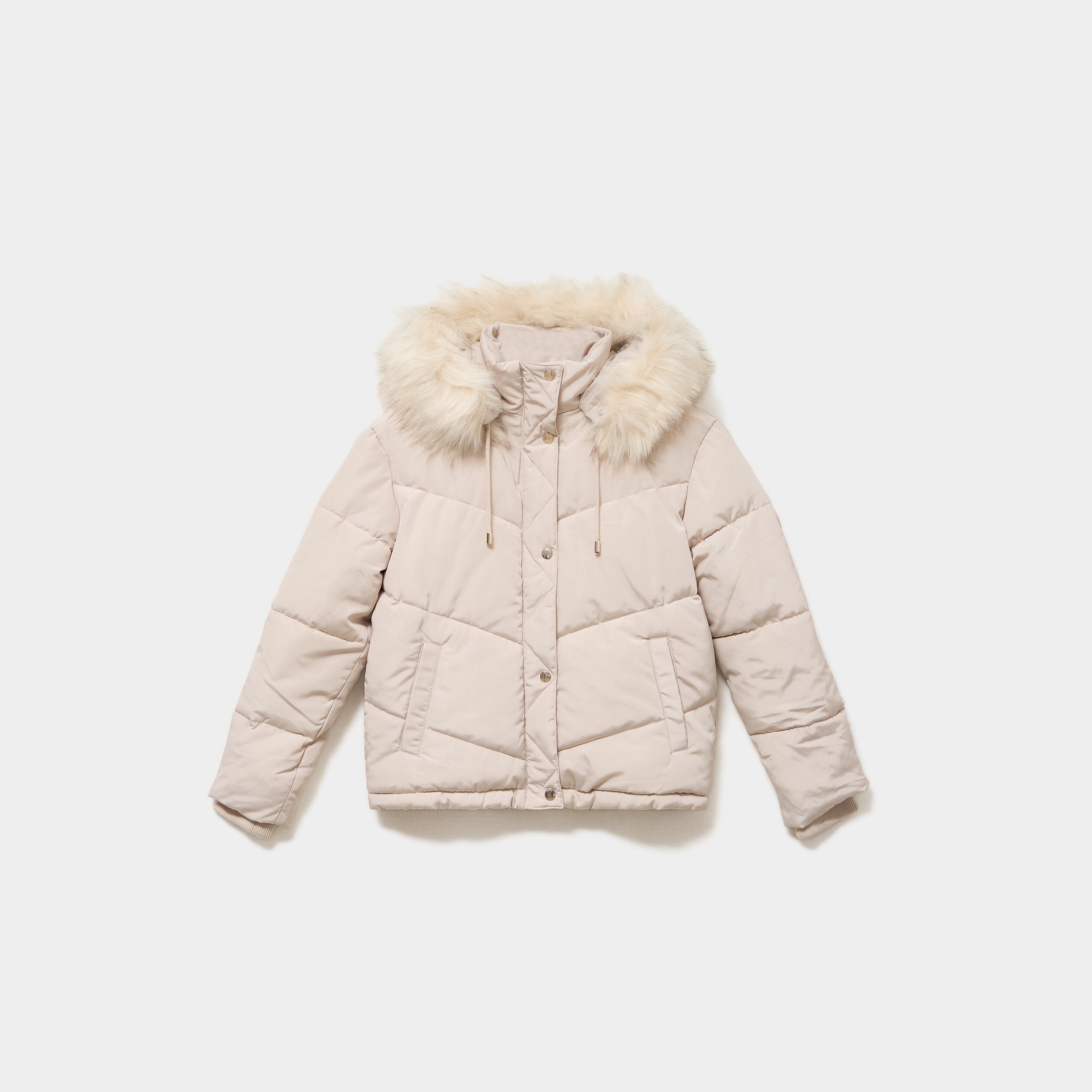 Doudoune doubl&eacute;e capuche fausse fourrure beige femme