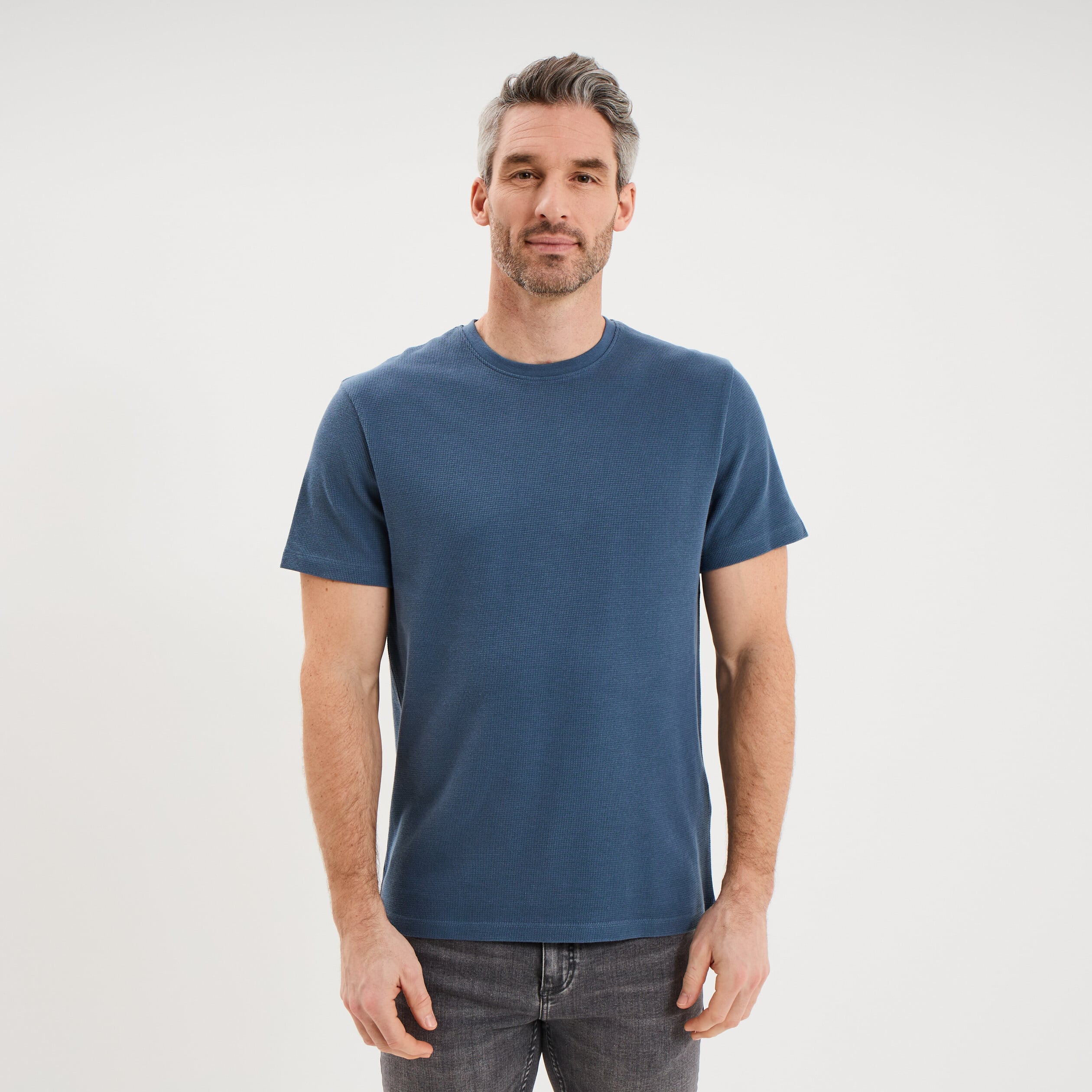 T-shirt textur&eacute; droit col rond coton bleu gris homme
