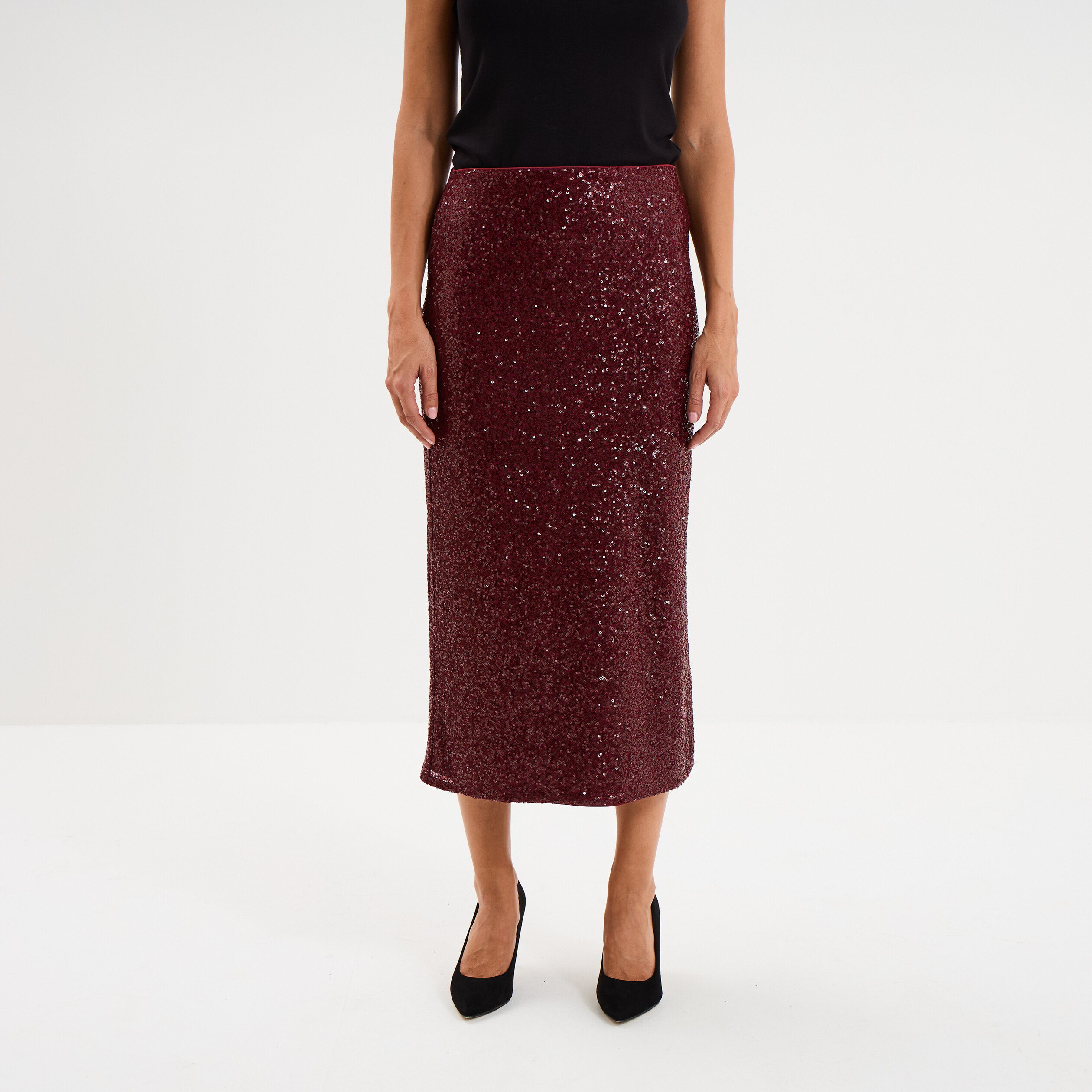Jupe longue &agrave; sequins rouge fonc&eacute; femme