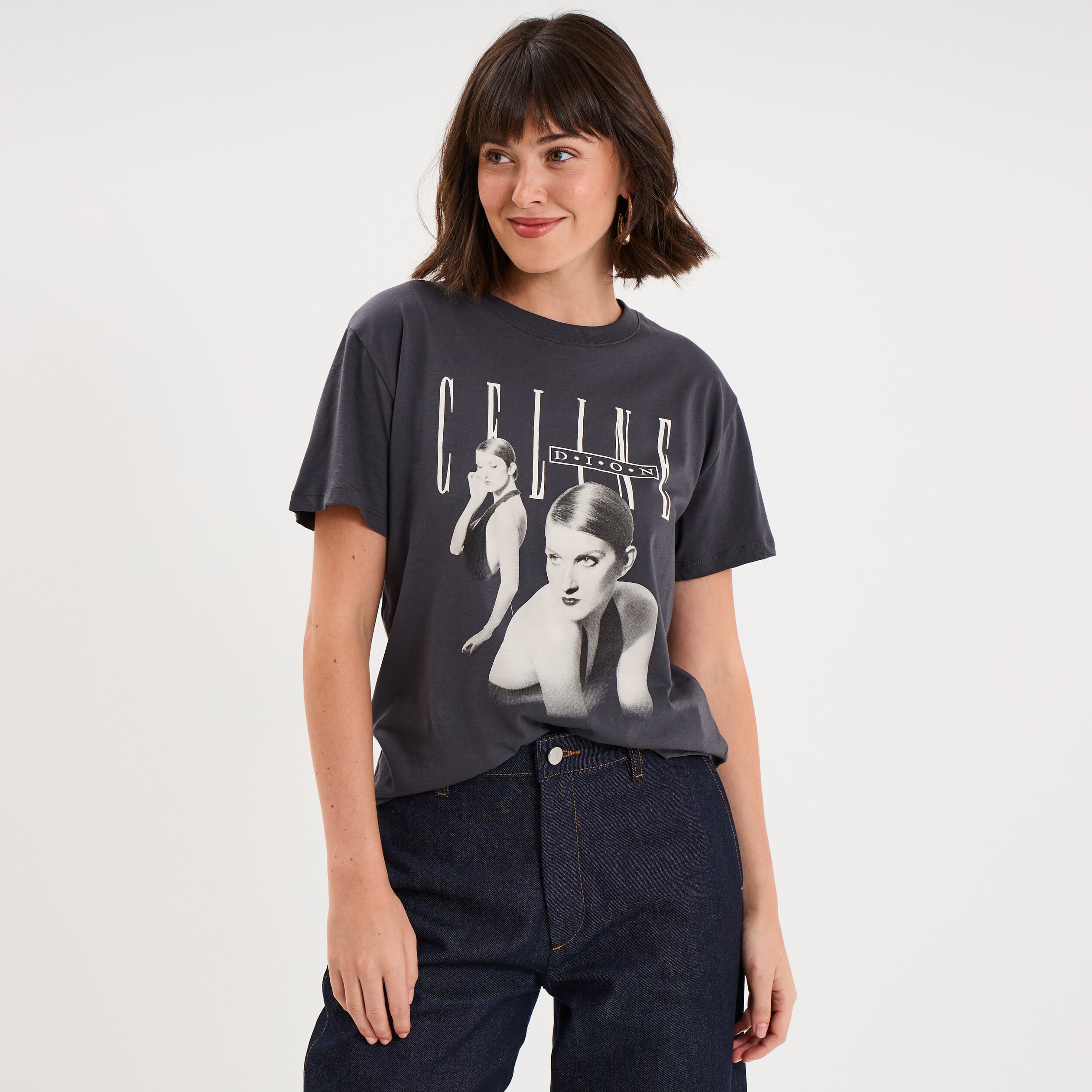 T-shirt droit coton C&eacute;line Dion gris fonc&eacute; femme
