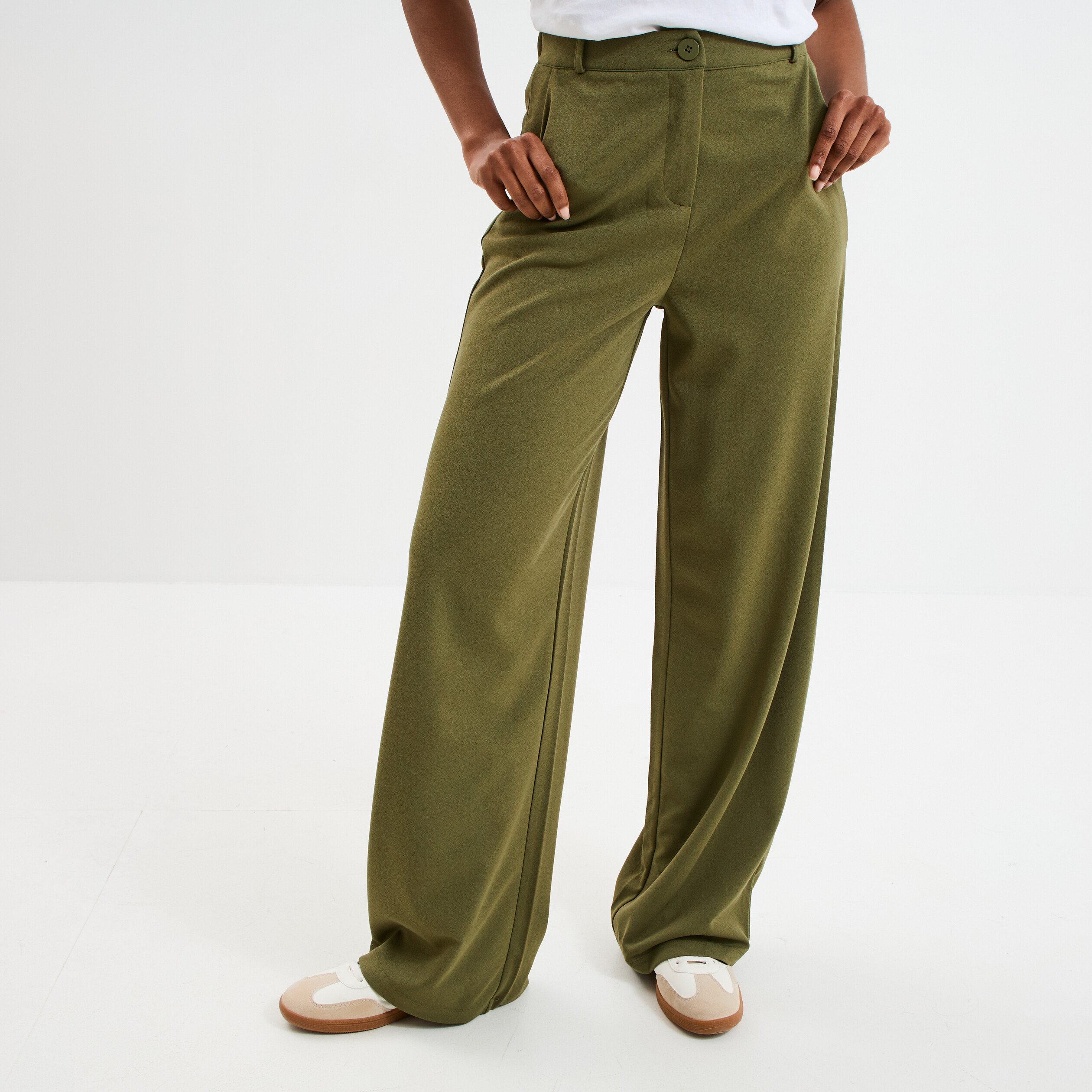 pantalon large fluide taille elastiquee vert kaki femme Pantalon large fluide taille élastiquée vert kaki femme