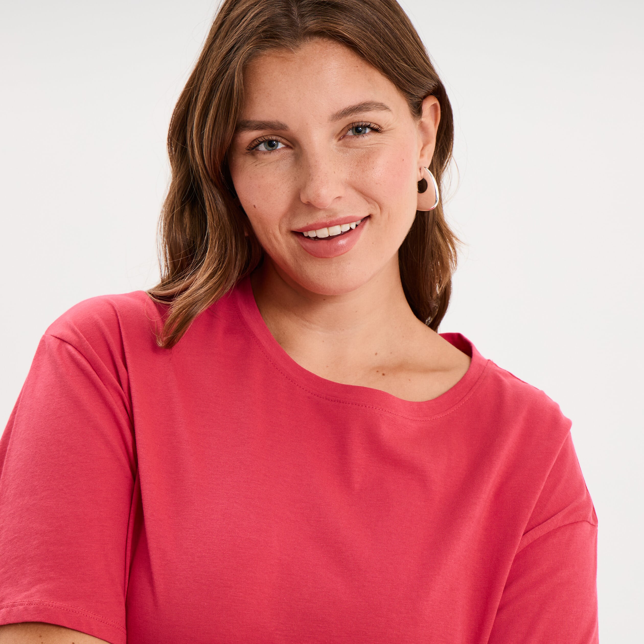 T-shirt col rond manches courtes coton rose cerise femme grande taille