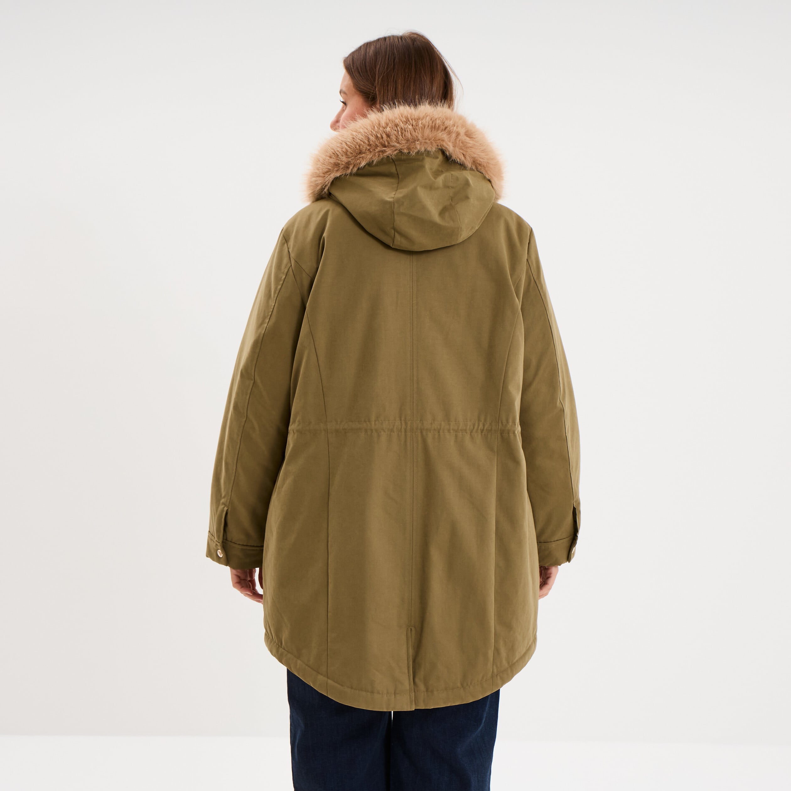 Parka d&eacute;perlante capuche fausse fourrure vert kaki femme grande taille