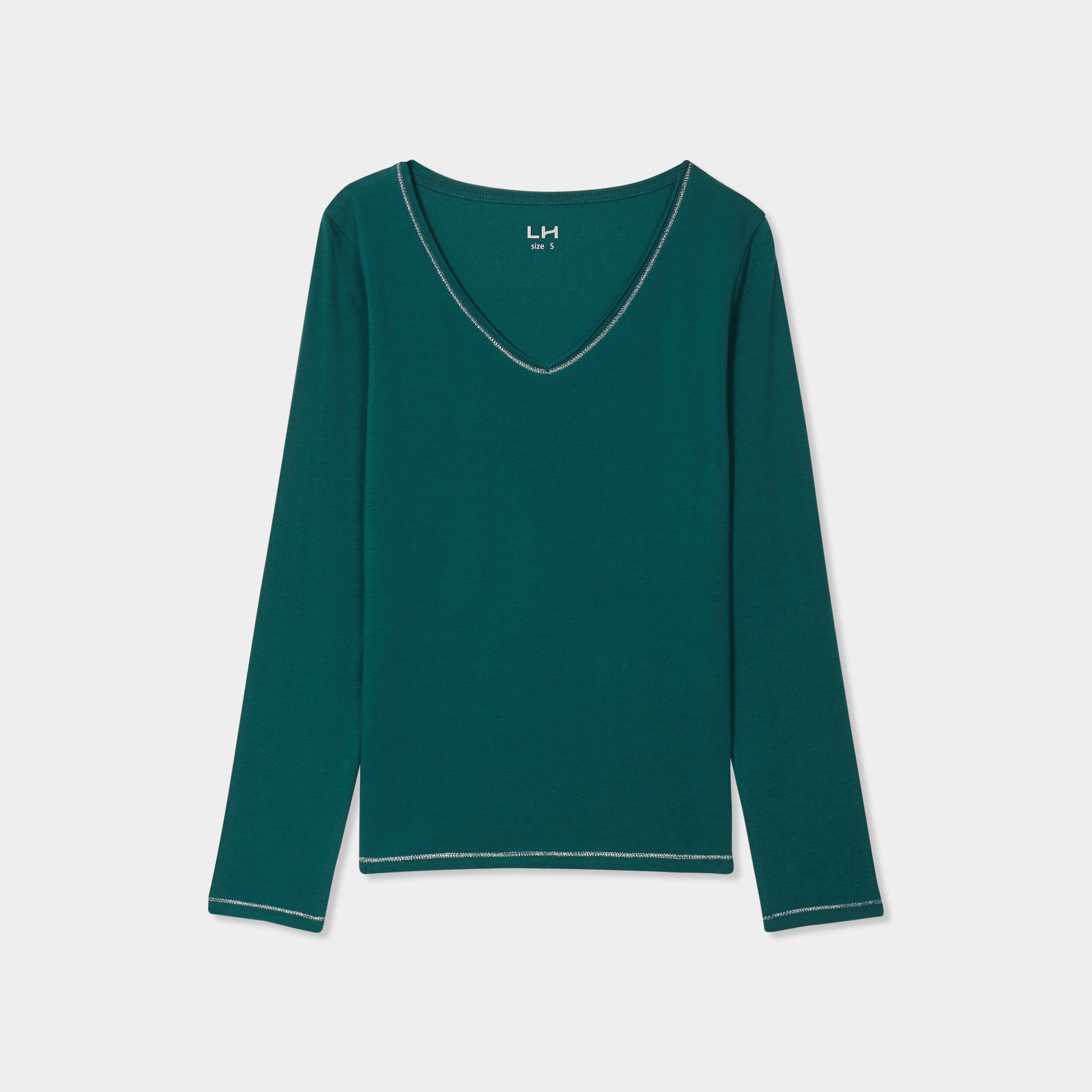 T-shirt manches longues col en V coton vert foncé femme