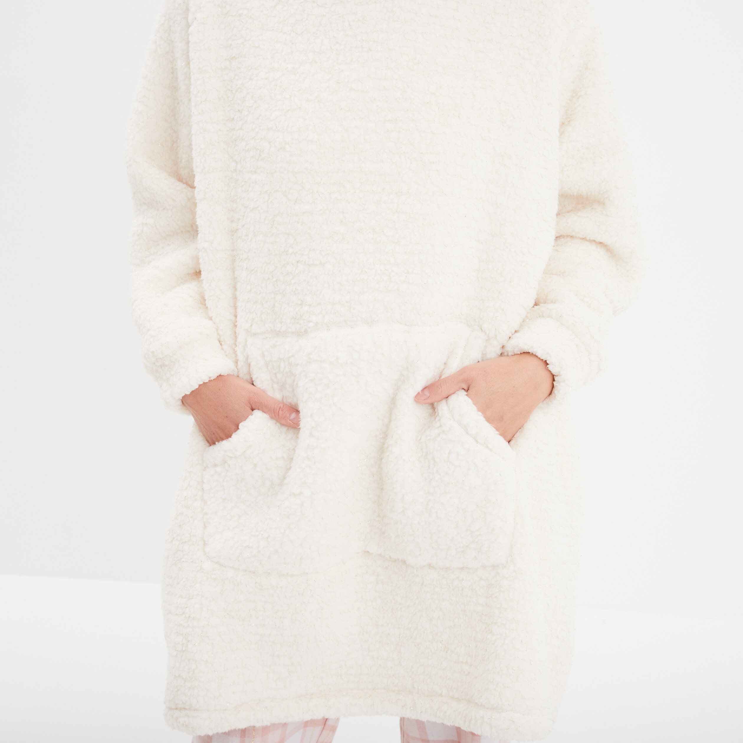 Poncho plaid &agrave; capuche effet polaire ivoire femme