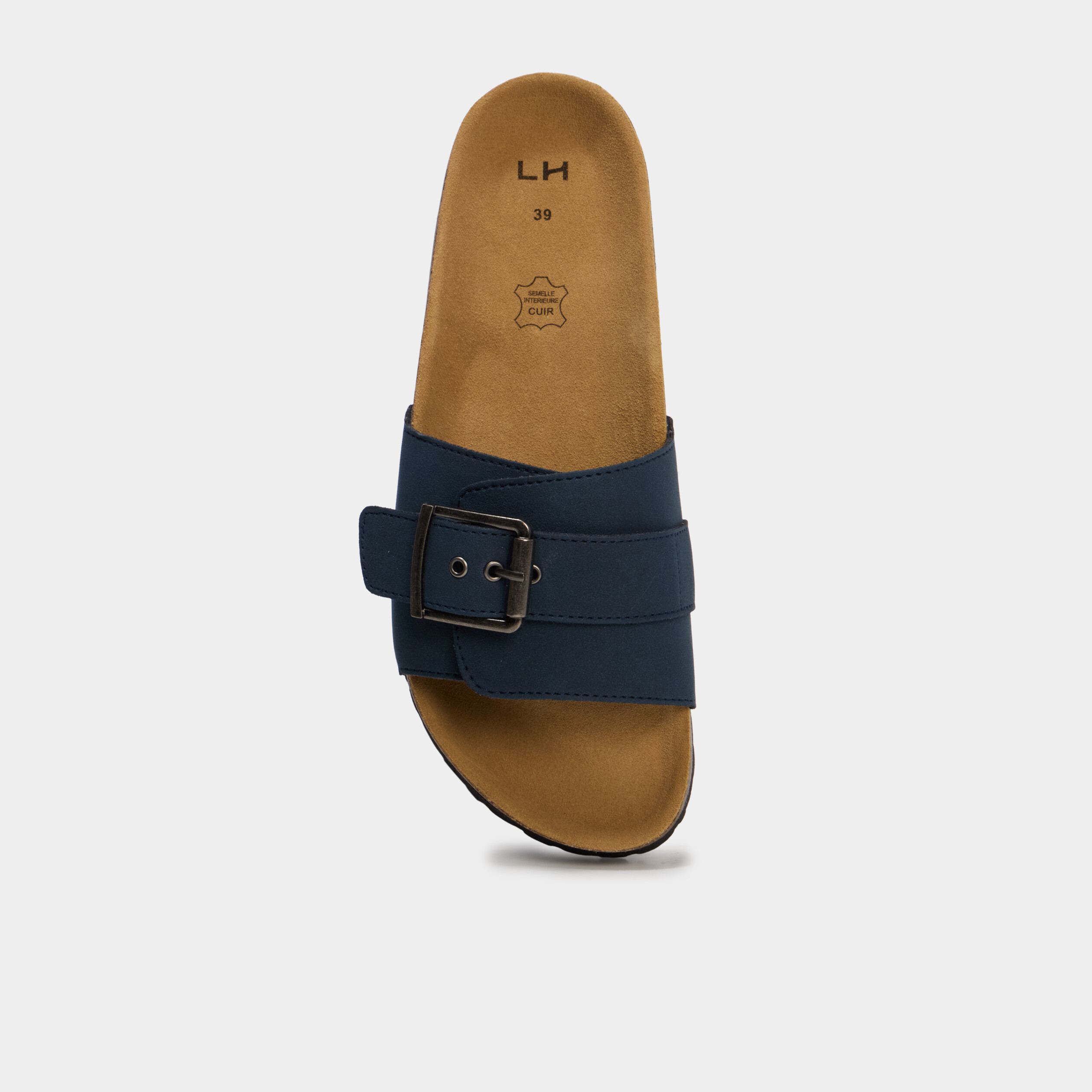 Mules su&eacute;dine avec grosse boucle bleu marine femme