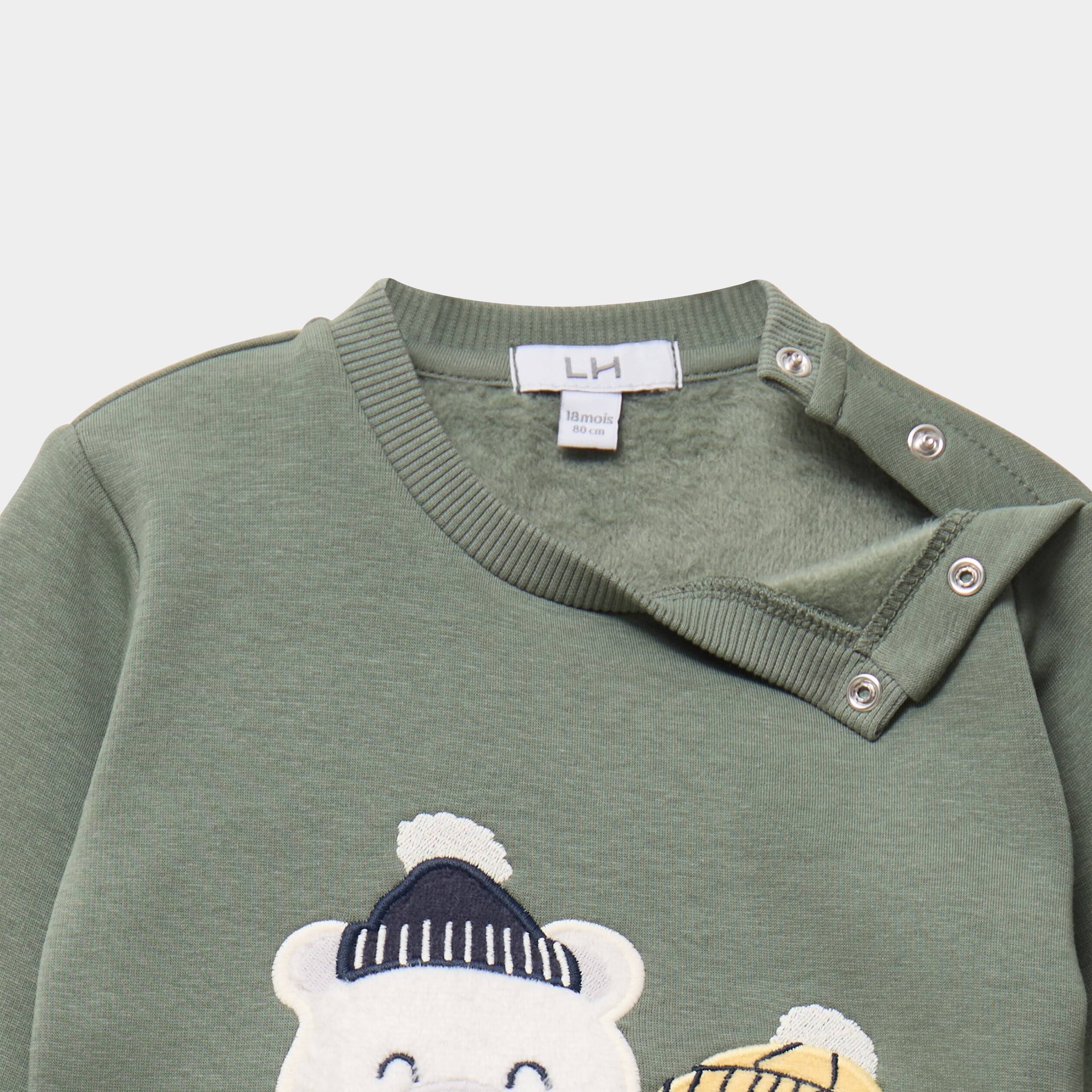 Sweat molletonn&eacute; &eacute;paule boutonn&eacute;e vert kaki b&eacute;b&eacute; gar&ccedil;on