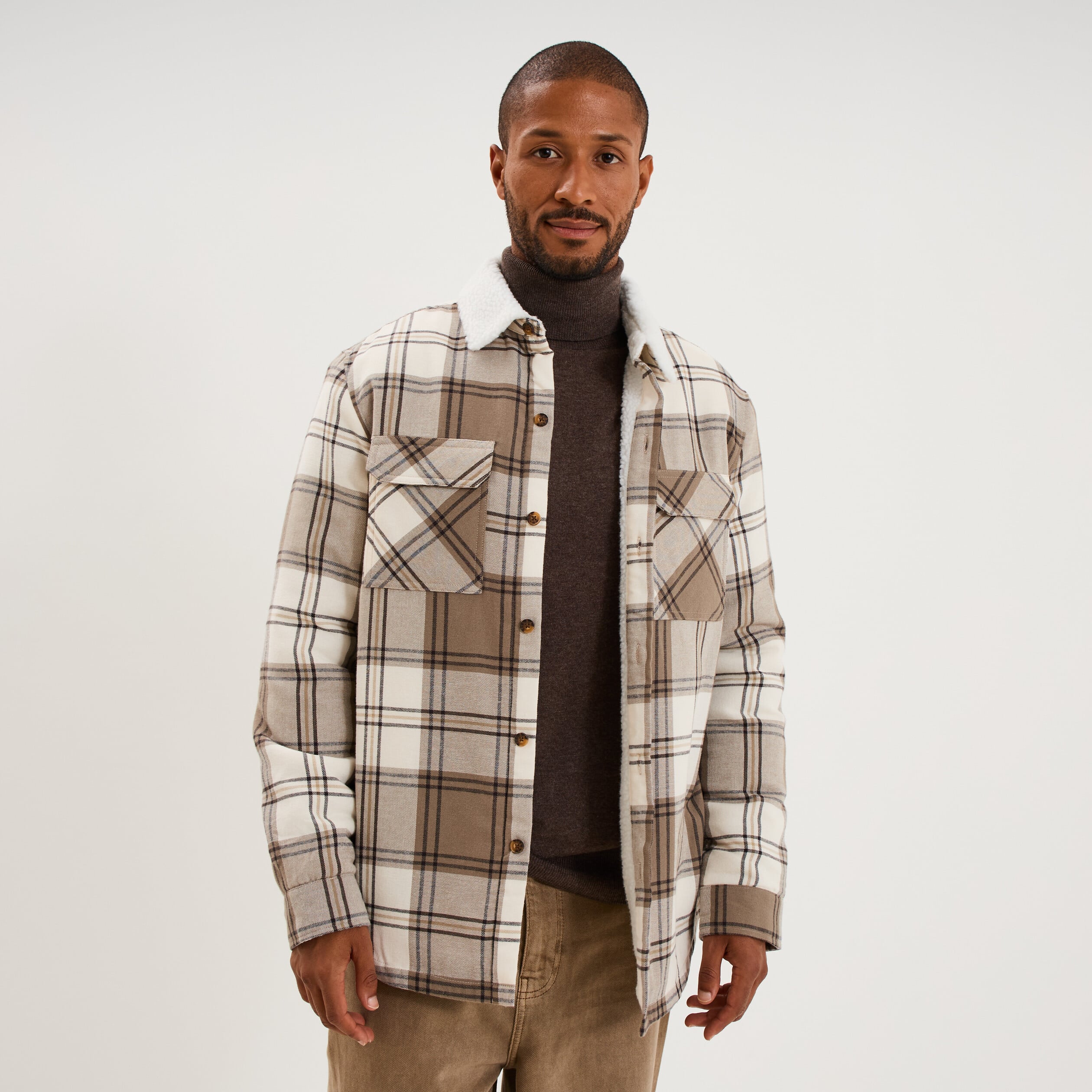 Surchemise carreaux doubl&eacute;e effet sherpa taupe homme
