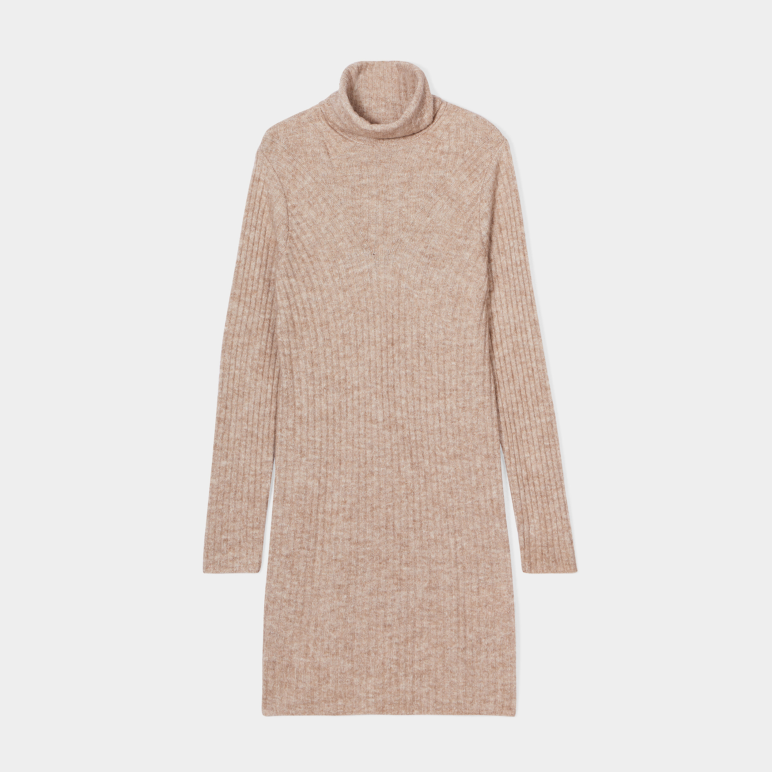 Robe pull courte col roulé côtelée sable femme