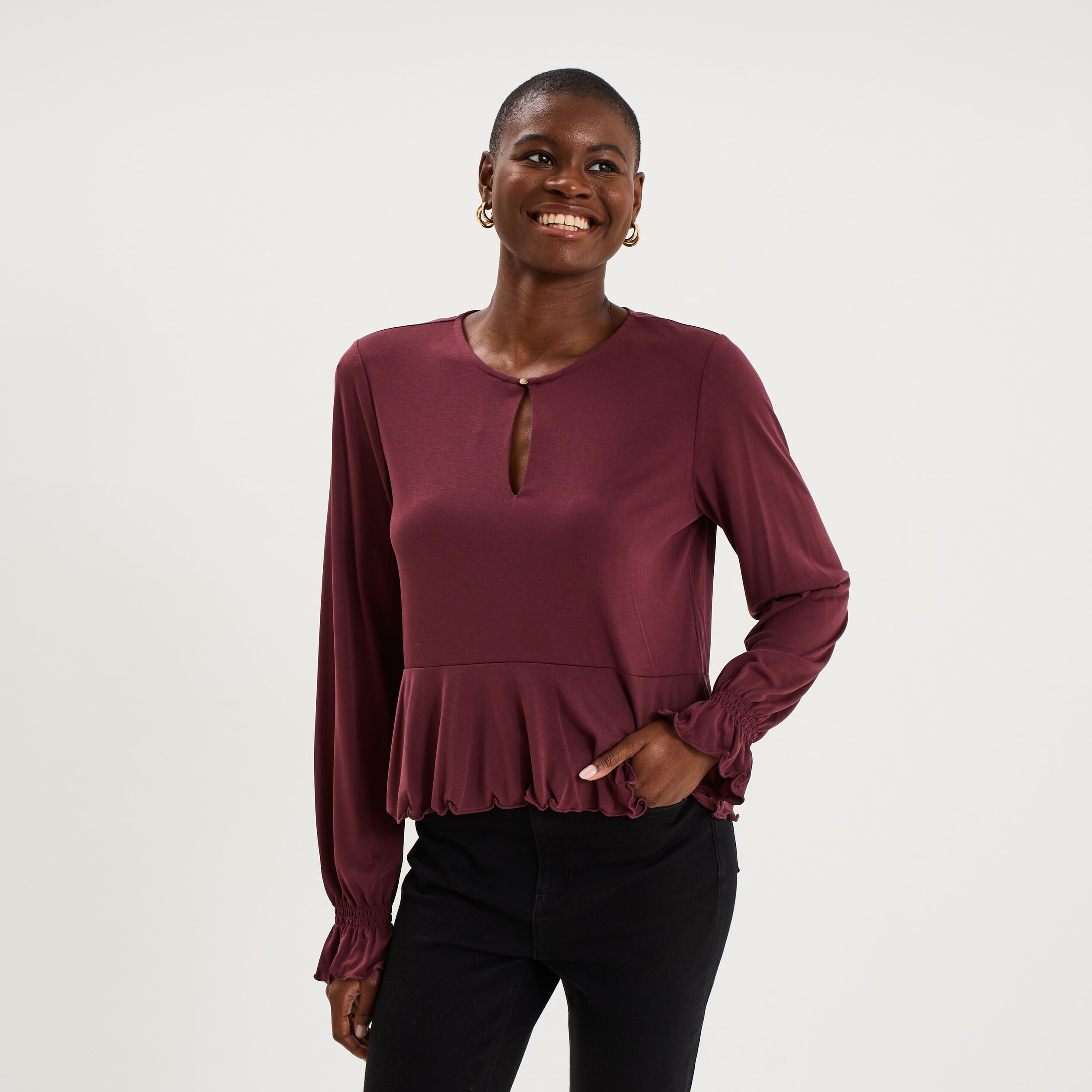 Blouse &agrave; volants manches longues violet fonc&eacute; femme