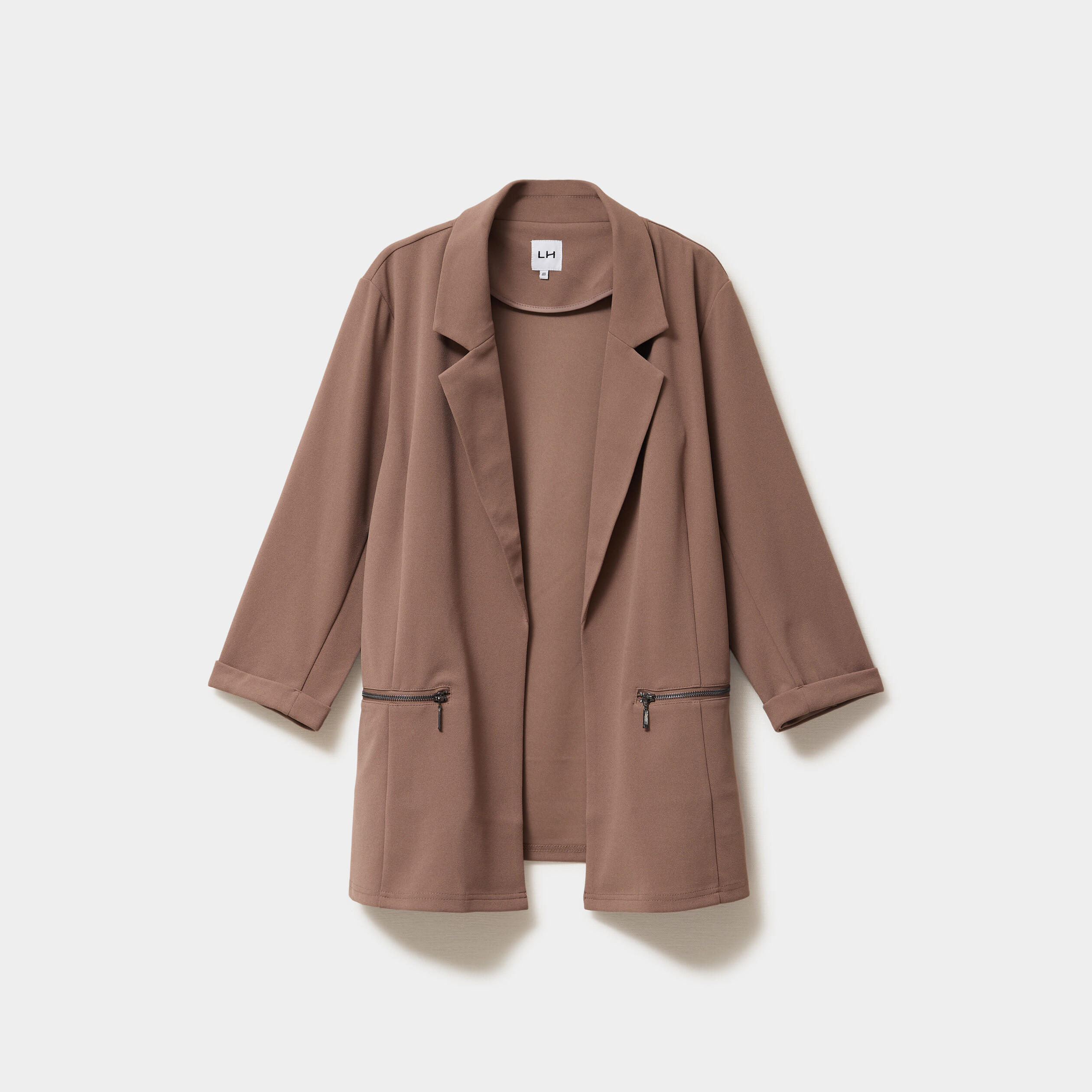 Veste blazer maille cr&ecirc;pe manches 3/4 marron clair femme grande taille