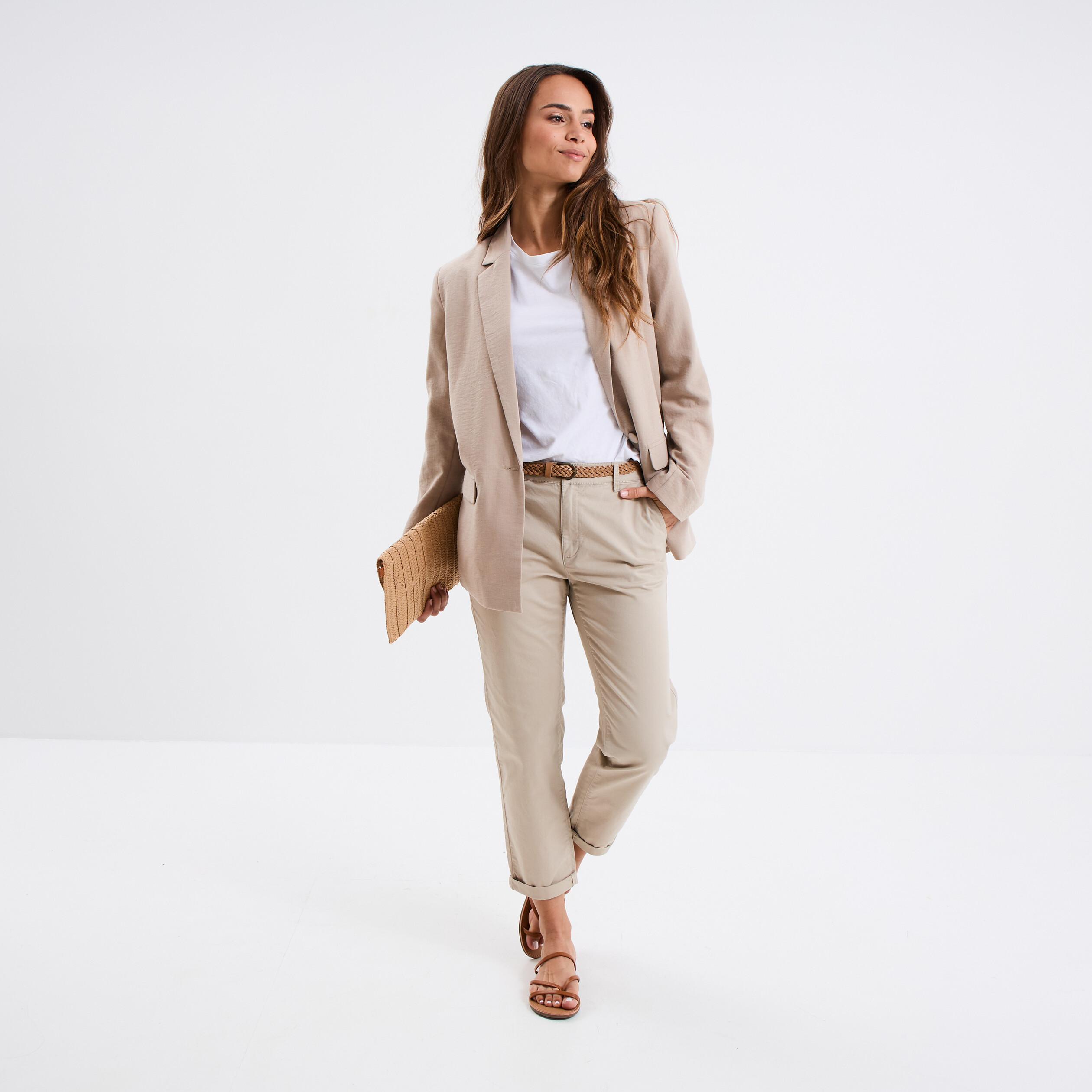 Pantalon chino 7/8ème ceinture tressée beige femme La Halle