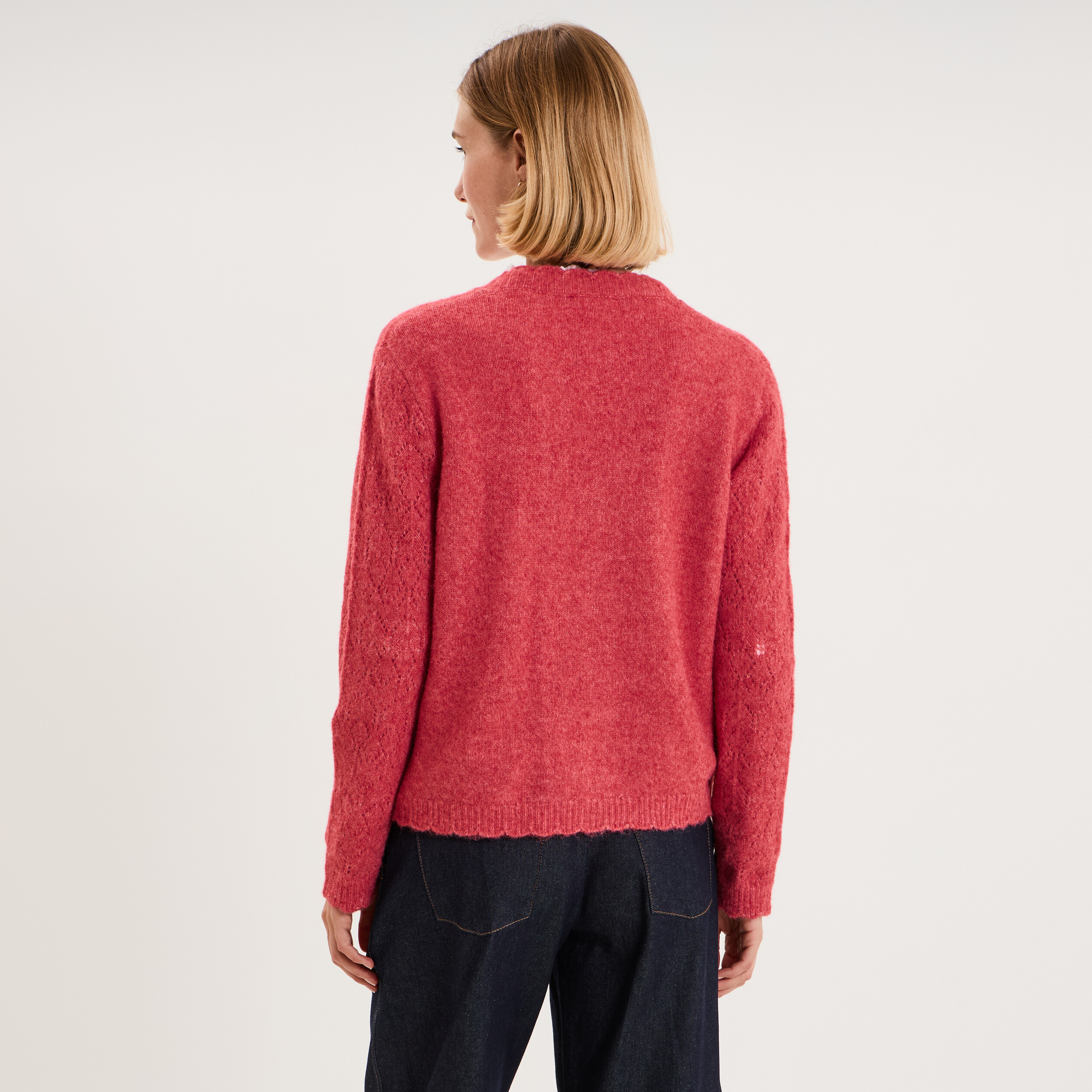 Gilet cardigan ajour&eacute; manches longues rose cerise femme