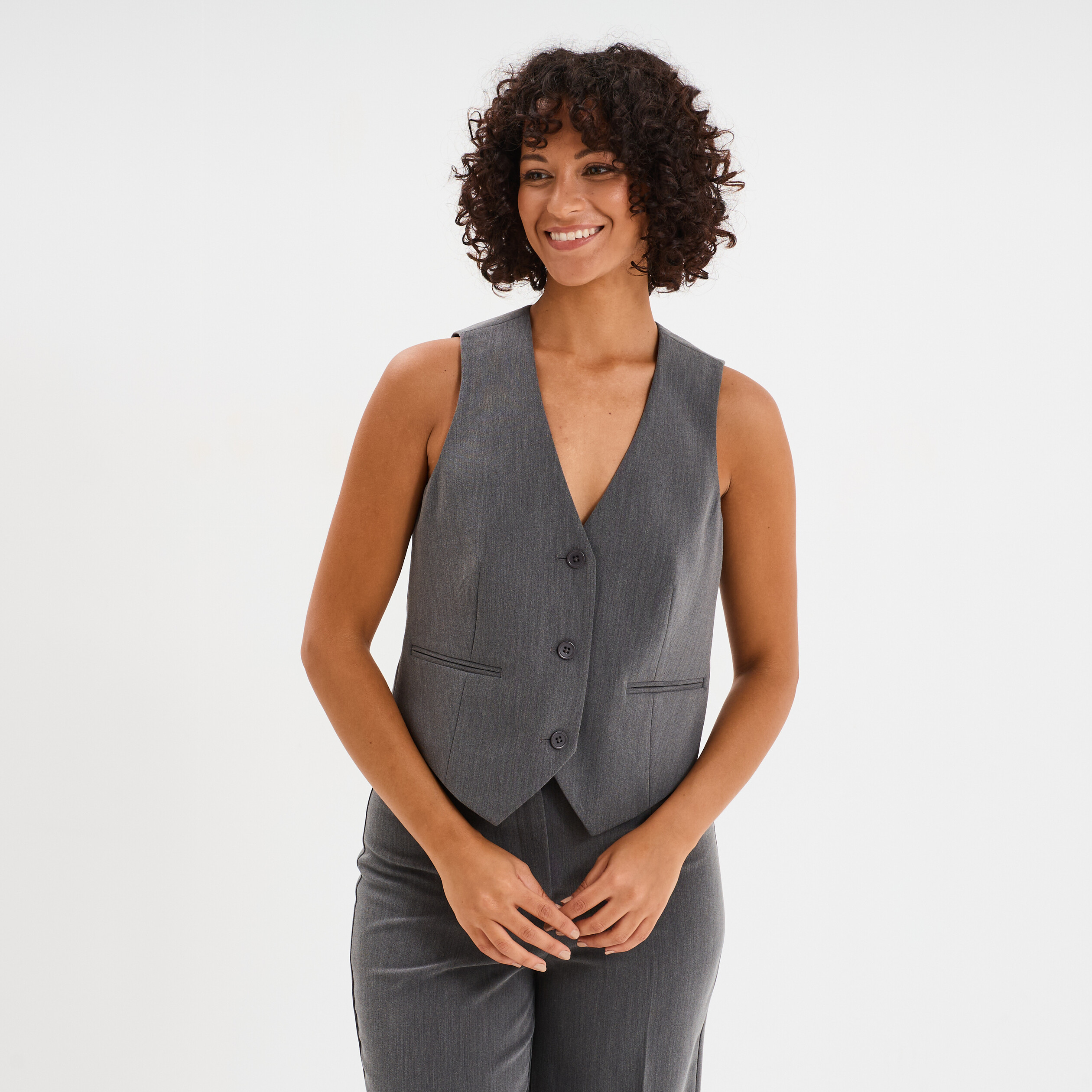 Gilet Barman sans manches ajust&eacute; gris fonc&eacute; femme