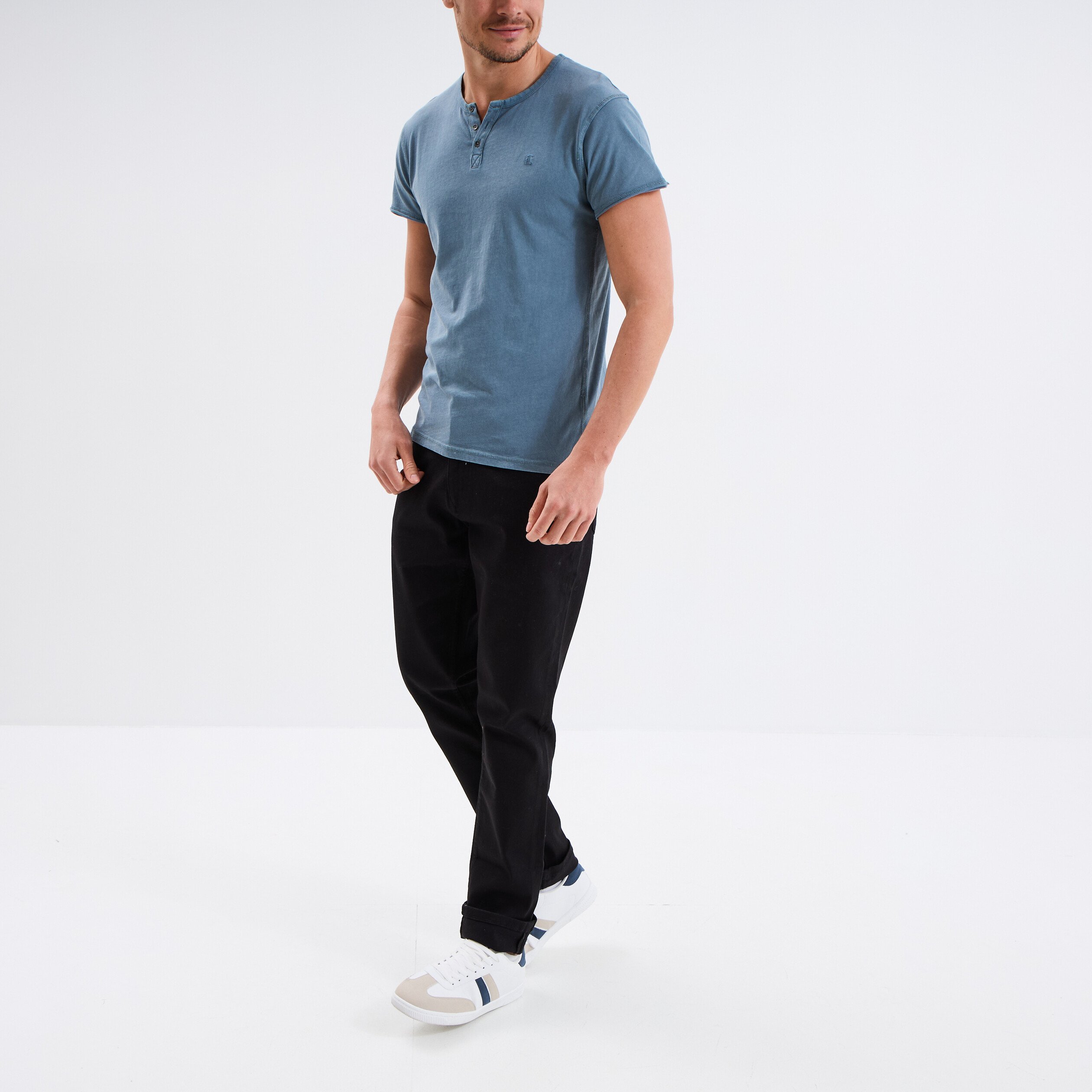 t shirt col tunisien manches courtes bleu gris homme T-shirt col tunisien manches courtes bleu gris homme