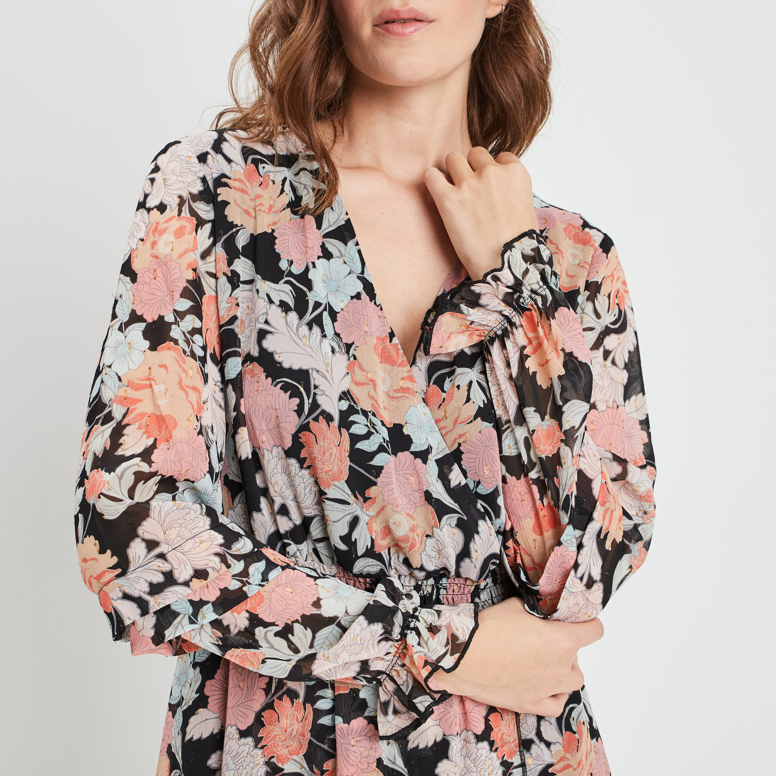 Robe longue fluide col cache-coeur noir femme