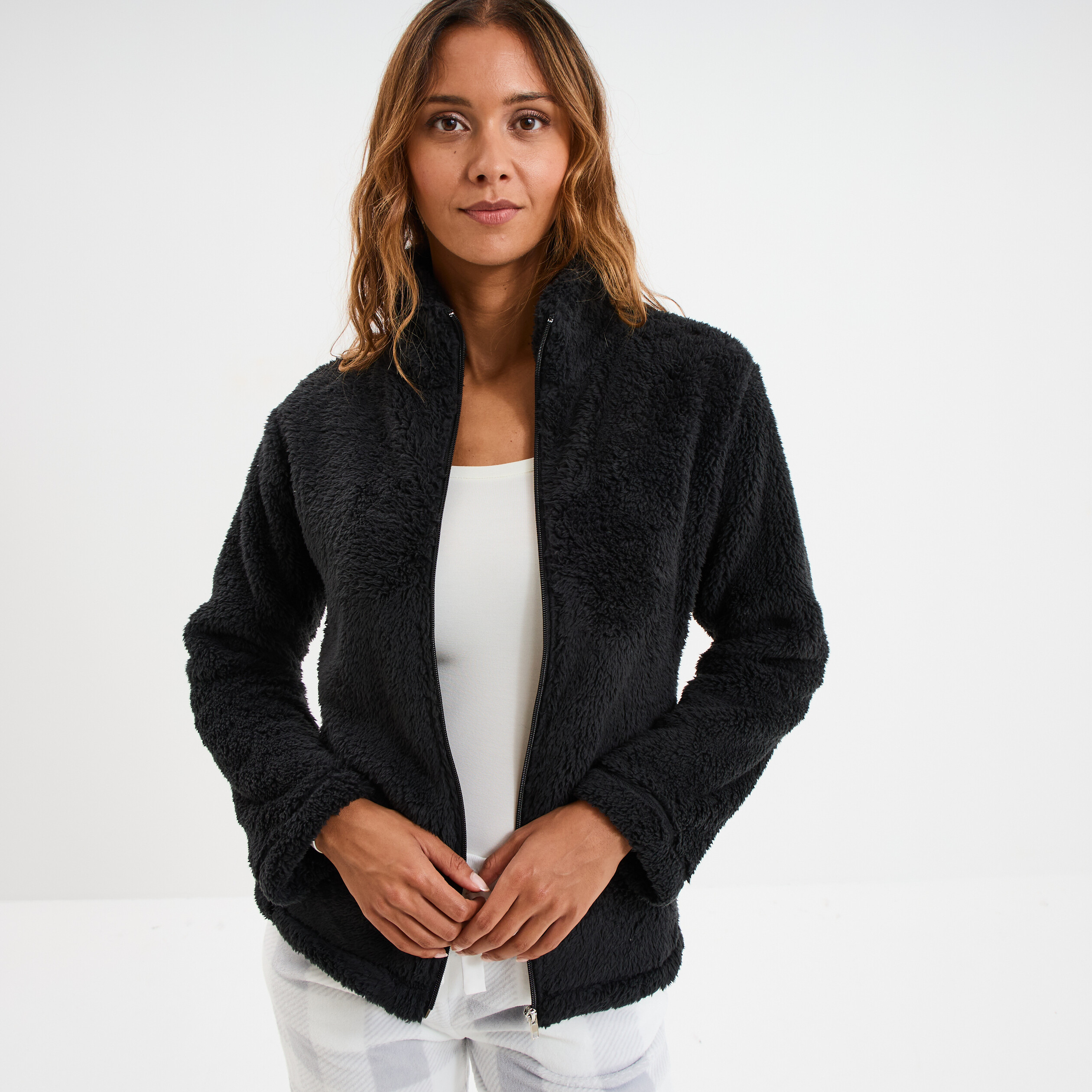 Veste effet polaire col montant noir femme