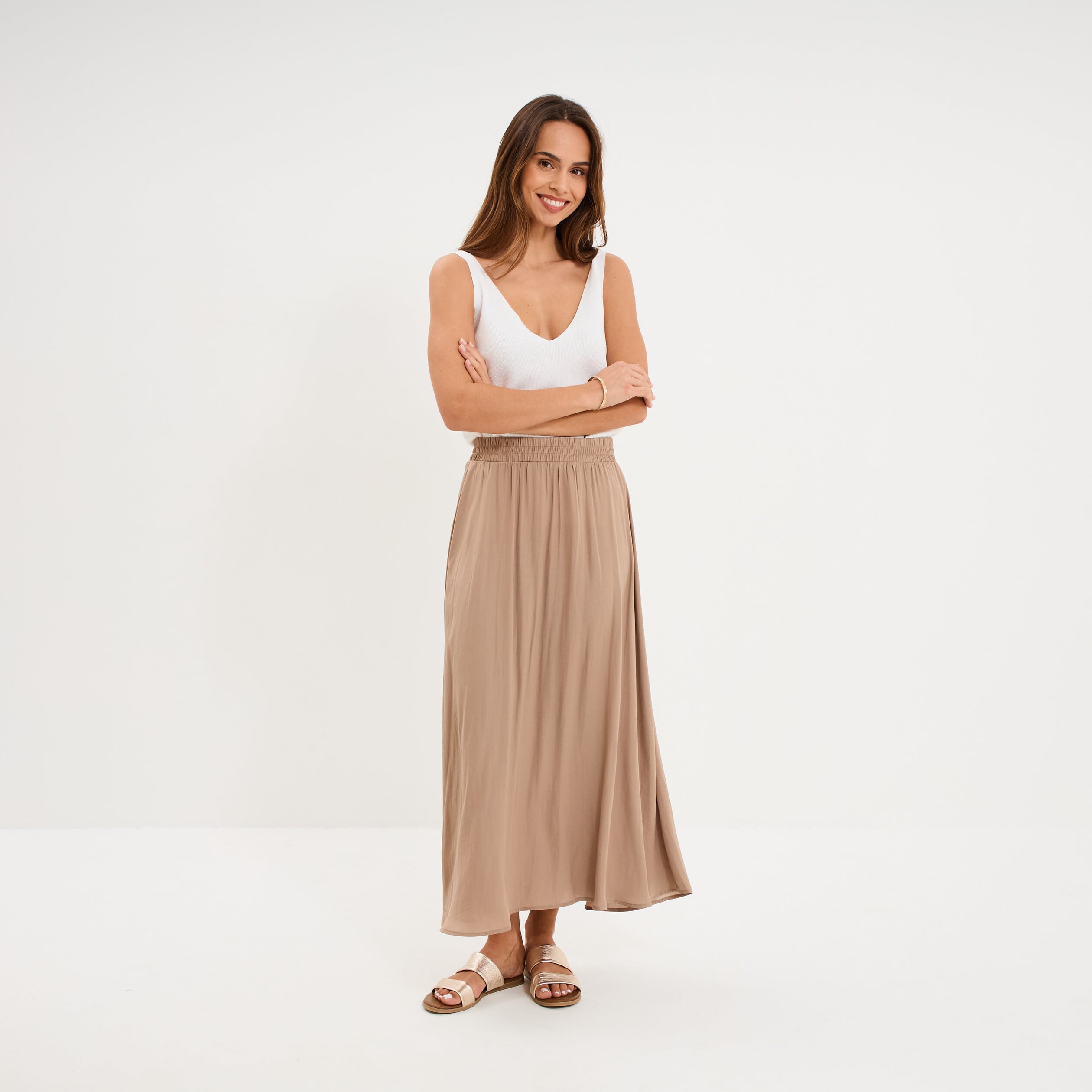 Jupe longue effet satin marron femme