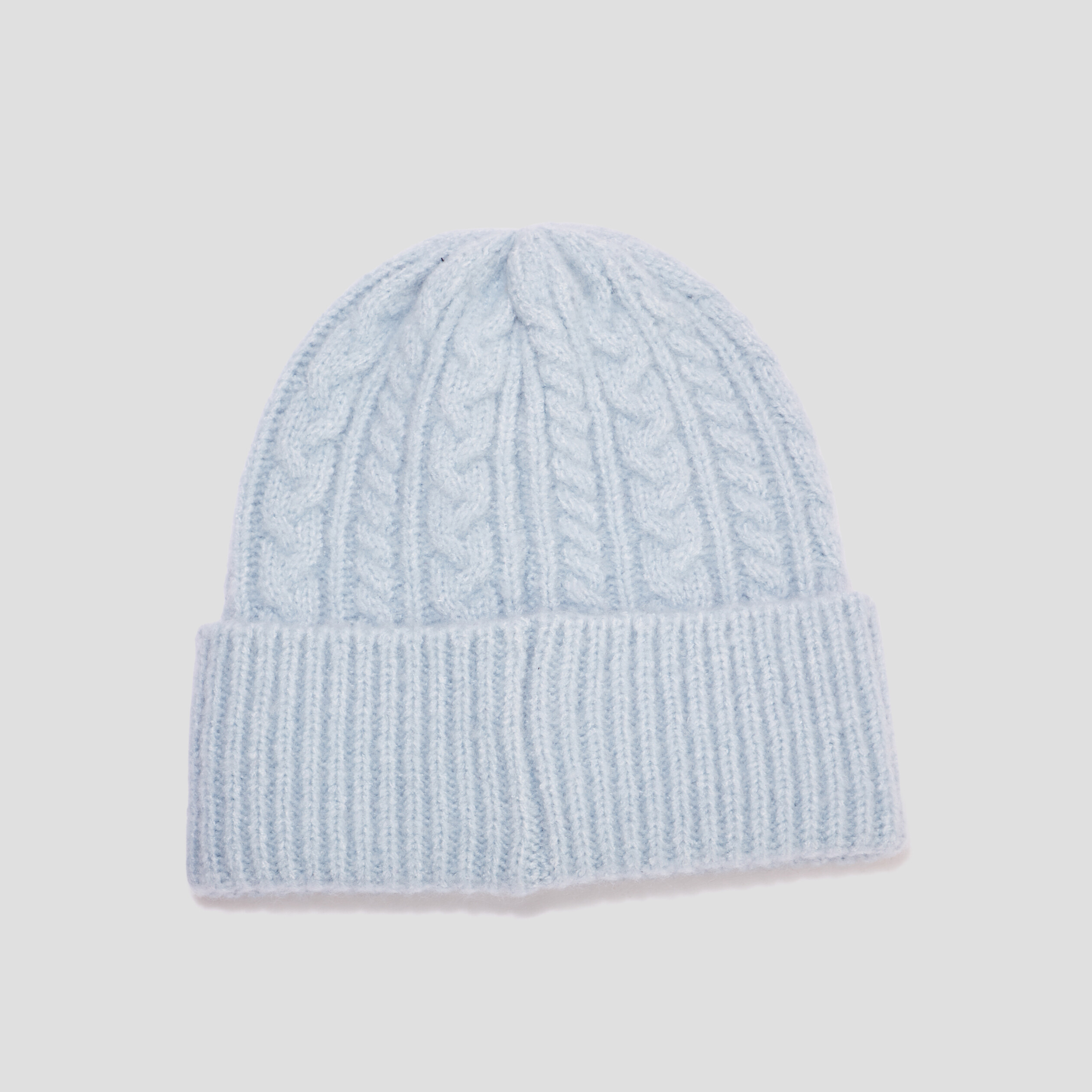 Bonnet tricoté torsades bleu ciel femme