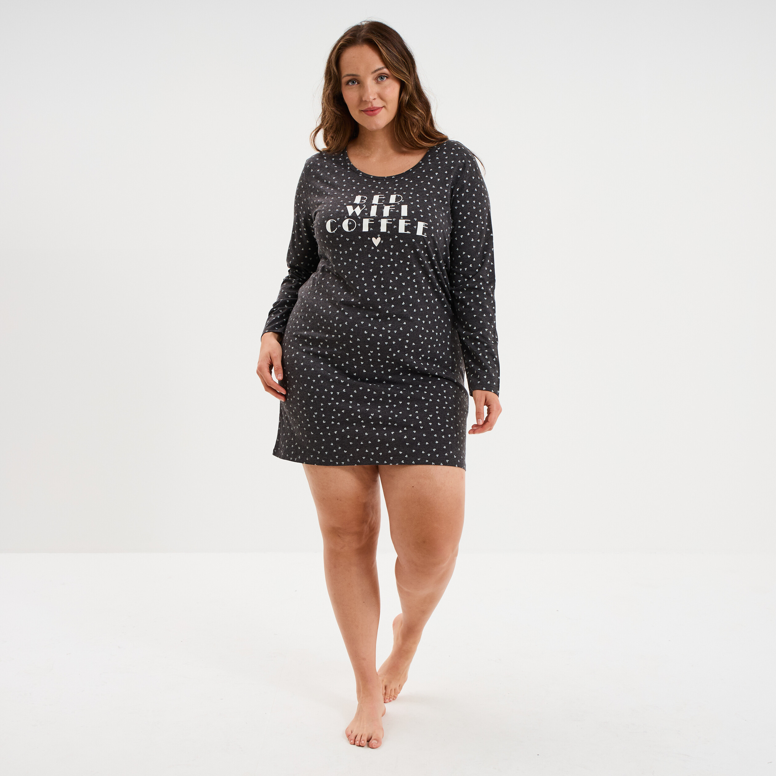 Chemise de nuit manches longues gris fonc&eacute; femme grande taille