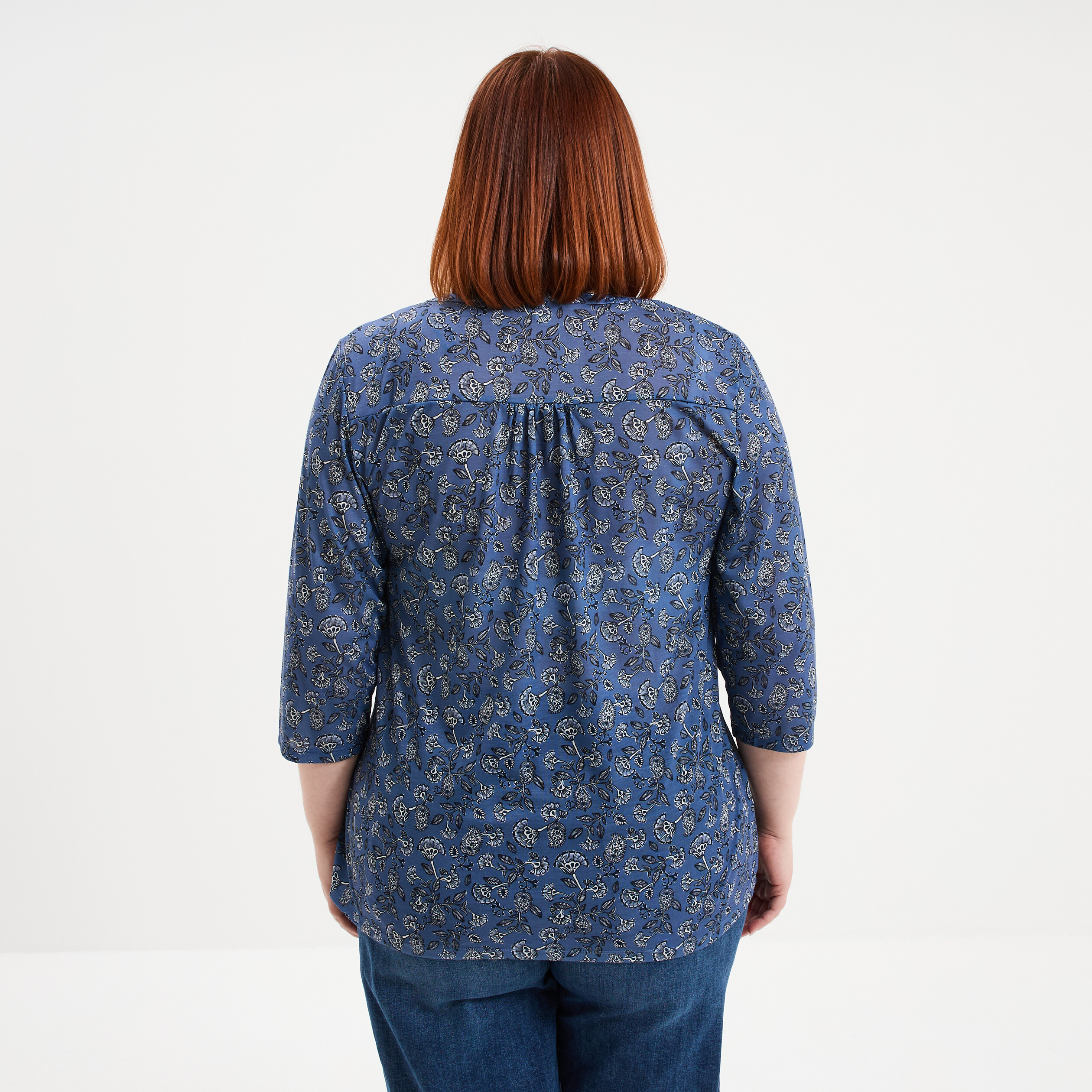 T-shirt col tunisien manches 3/4 bleu gris femme grande taille