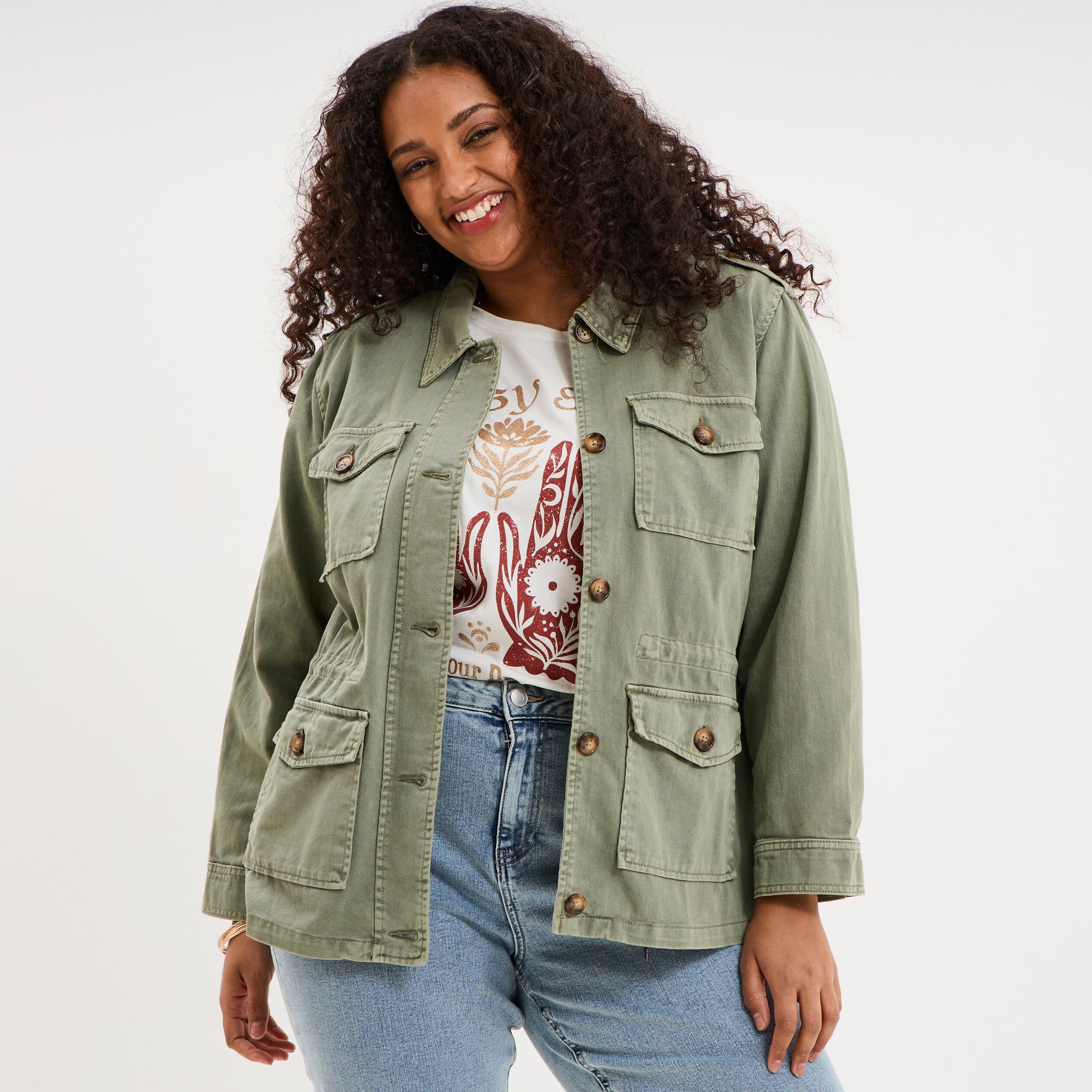 Veste boutonn&eacute;e poches &agrave; rabat vert kaki femme grande taille