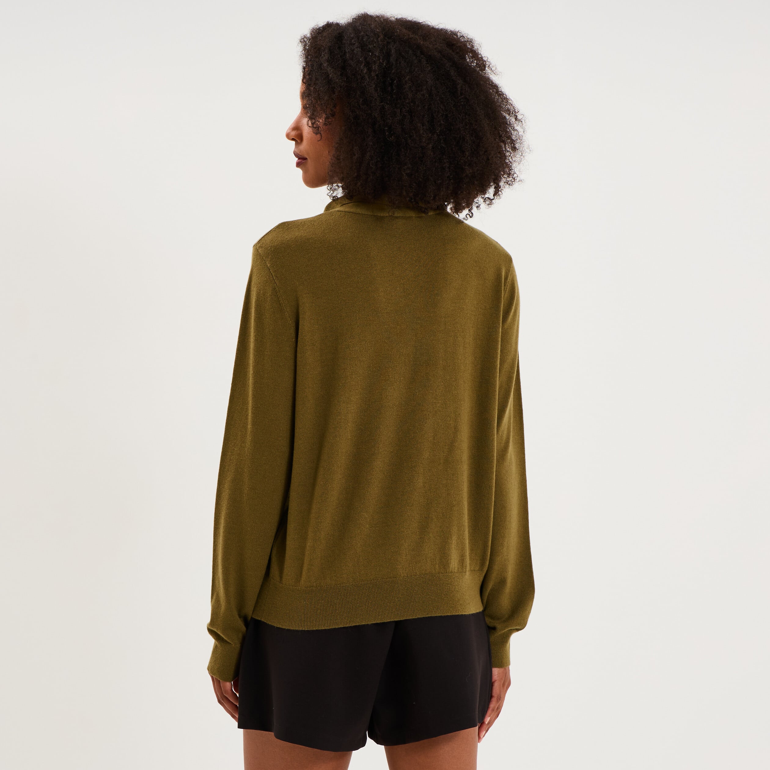 Pull fin col &eacute;charpe manches longues vert kaki femme
