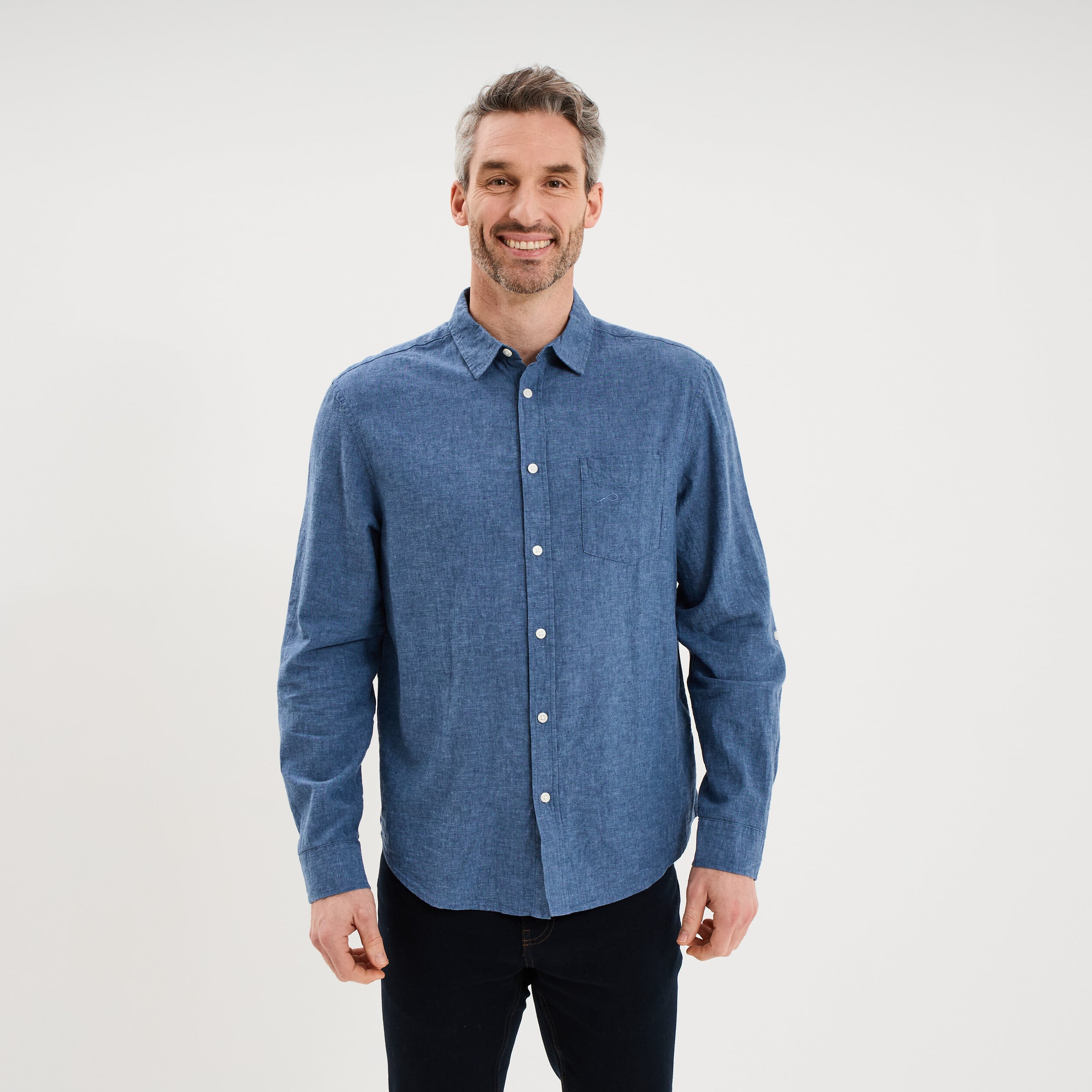 Chemise manches longues lin m&eacute;lang&eacute; bleu homme