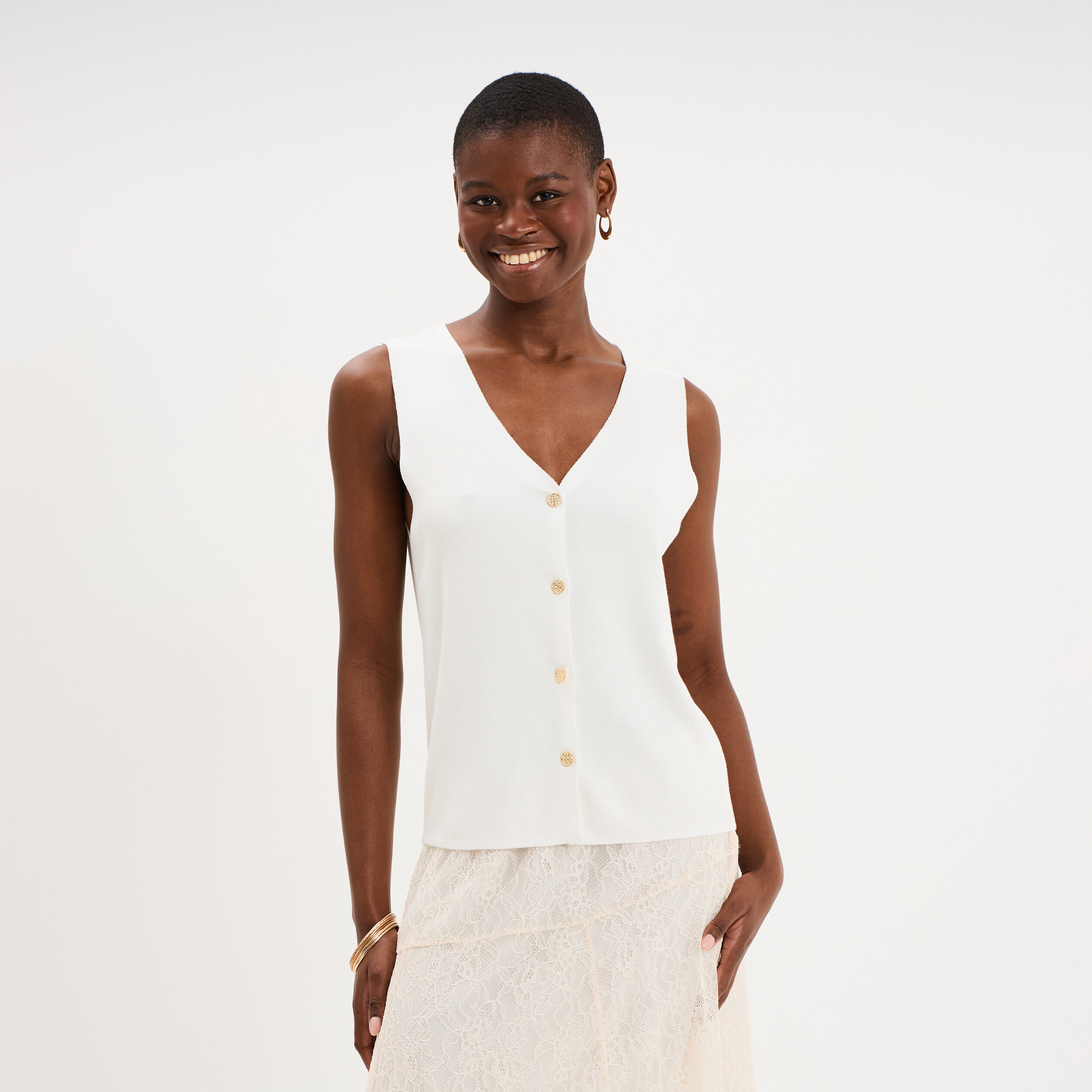 Gilet sans manches col en V blanc femme