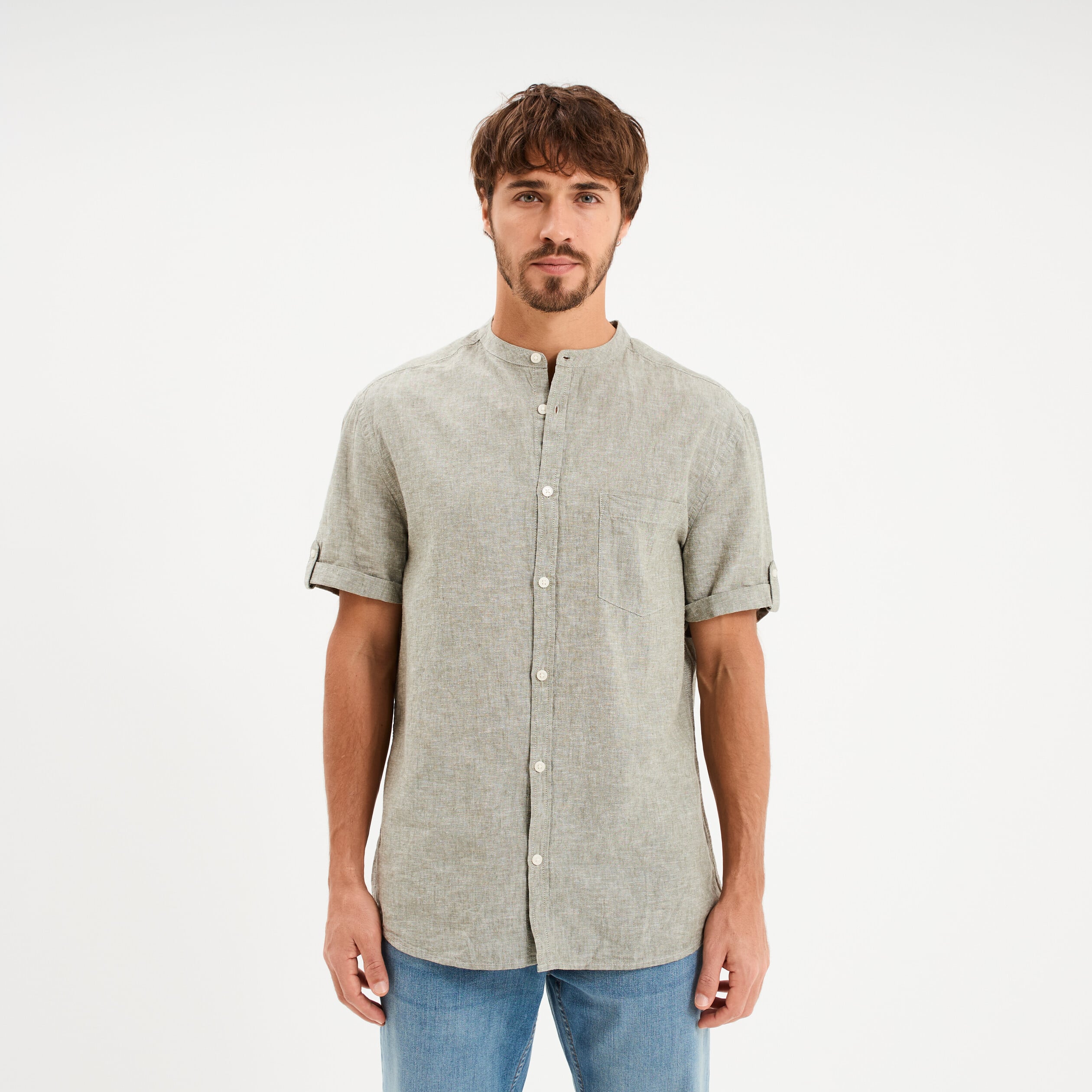 Chemise col mao lin m&eacute;lang&eacute; vert kaki homme