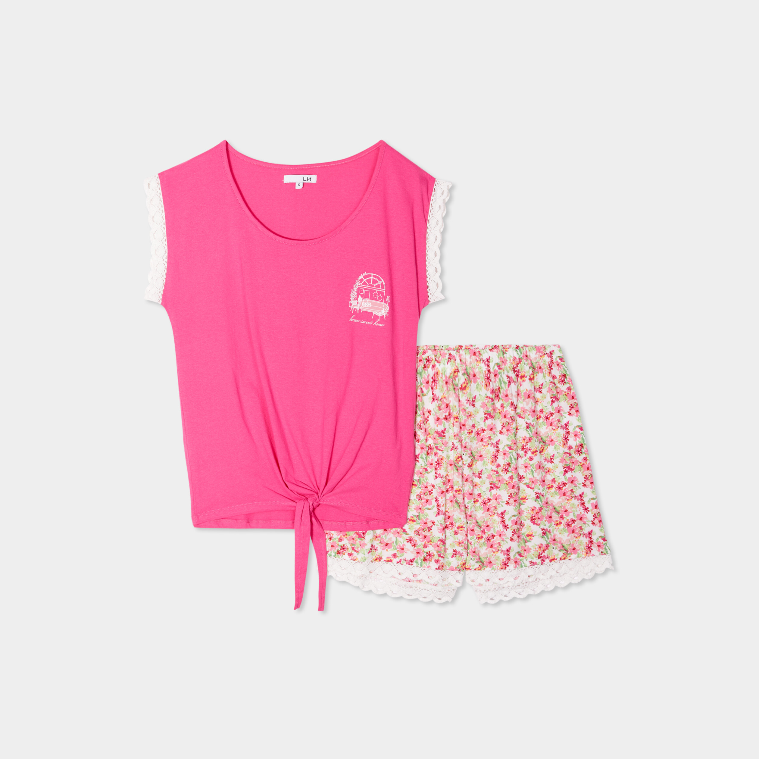 ensemble pyjama 2 pieces t shirt a noeud multicolore femme Ensemble pyjama 2 pièces t-shirt à noeud multicolore femme