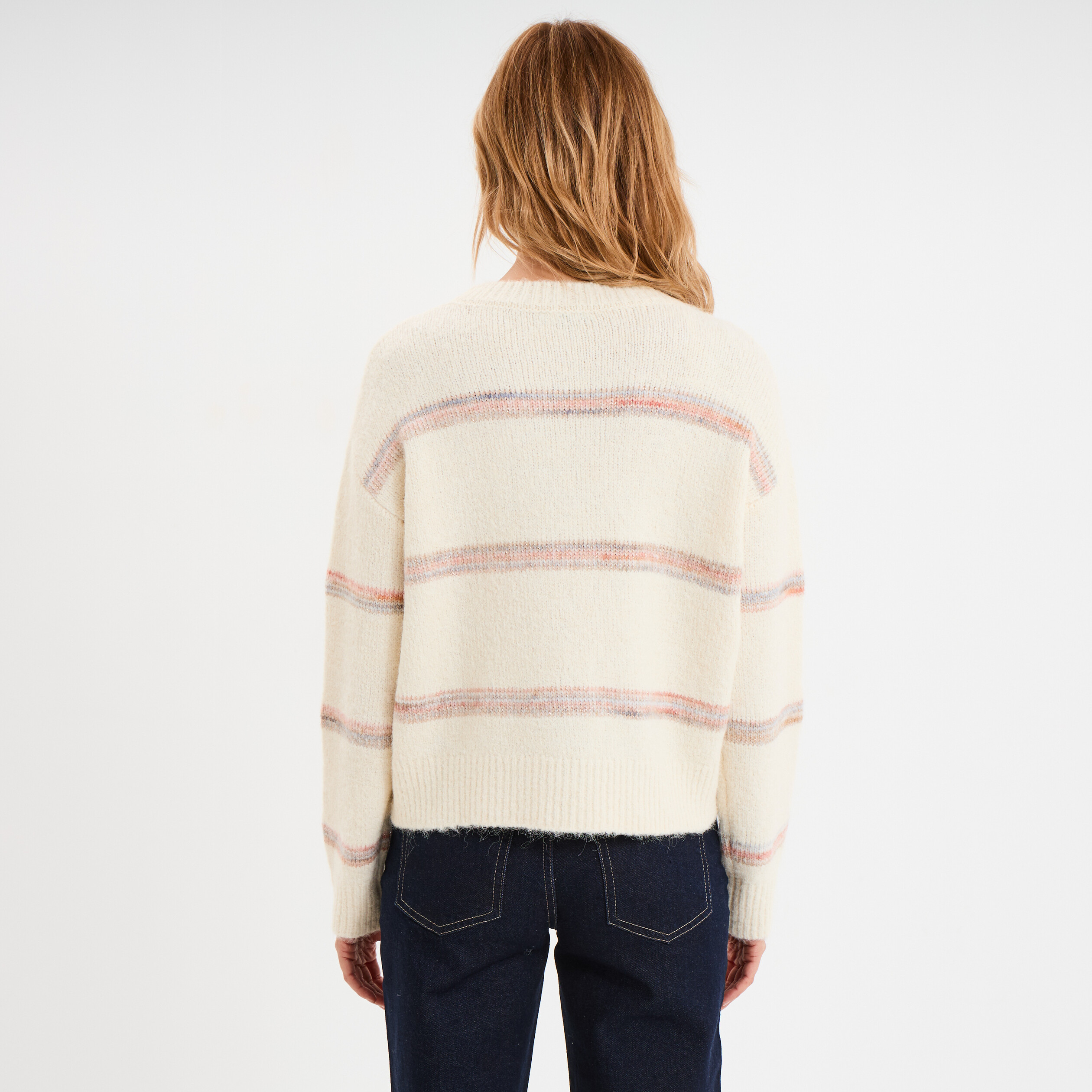 Pull col rond manches longues ecru femme