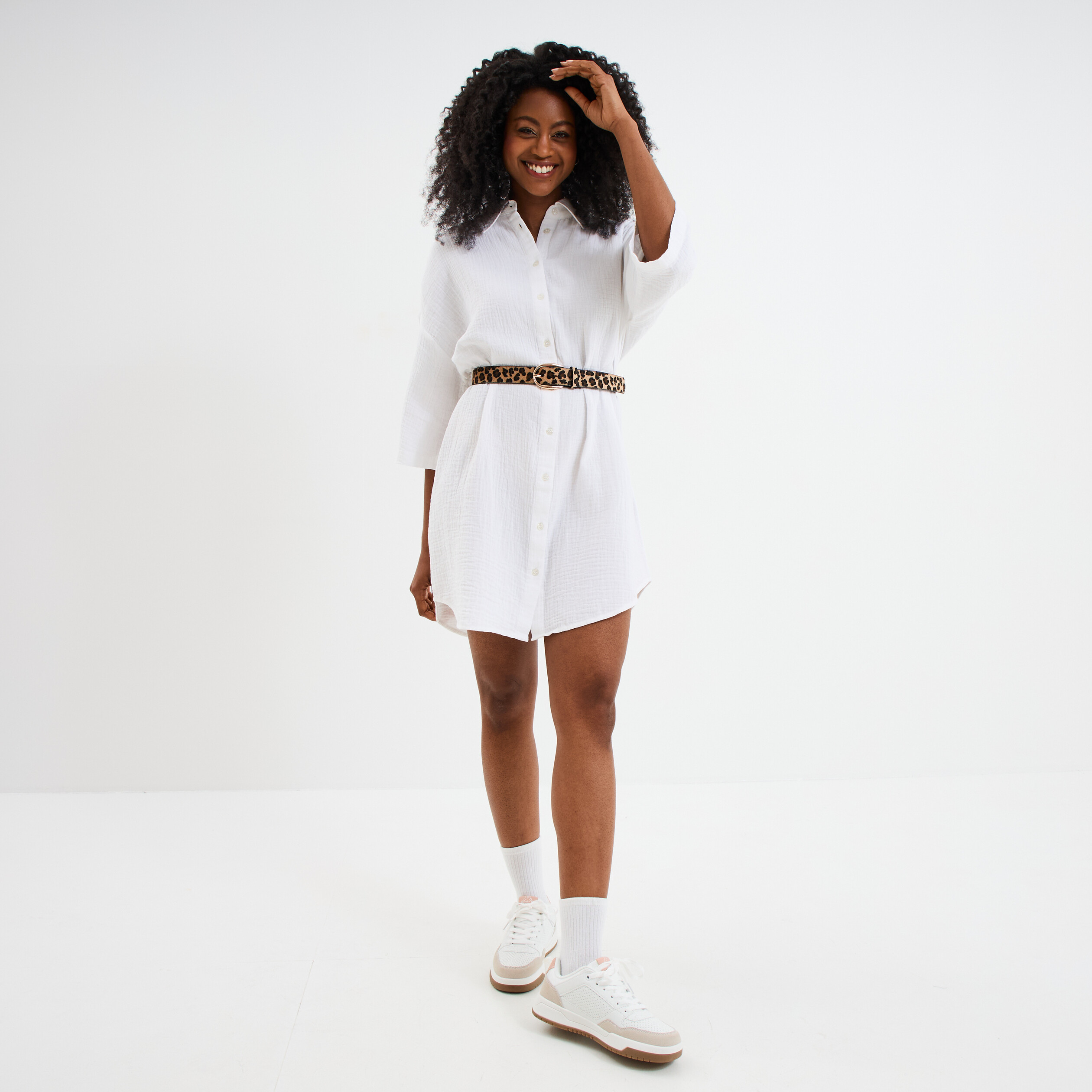 robe chemise manches 34 gaze de coton blanc femme Robe chemise manches 3/4 gaze de coton blanc femme