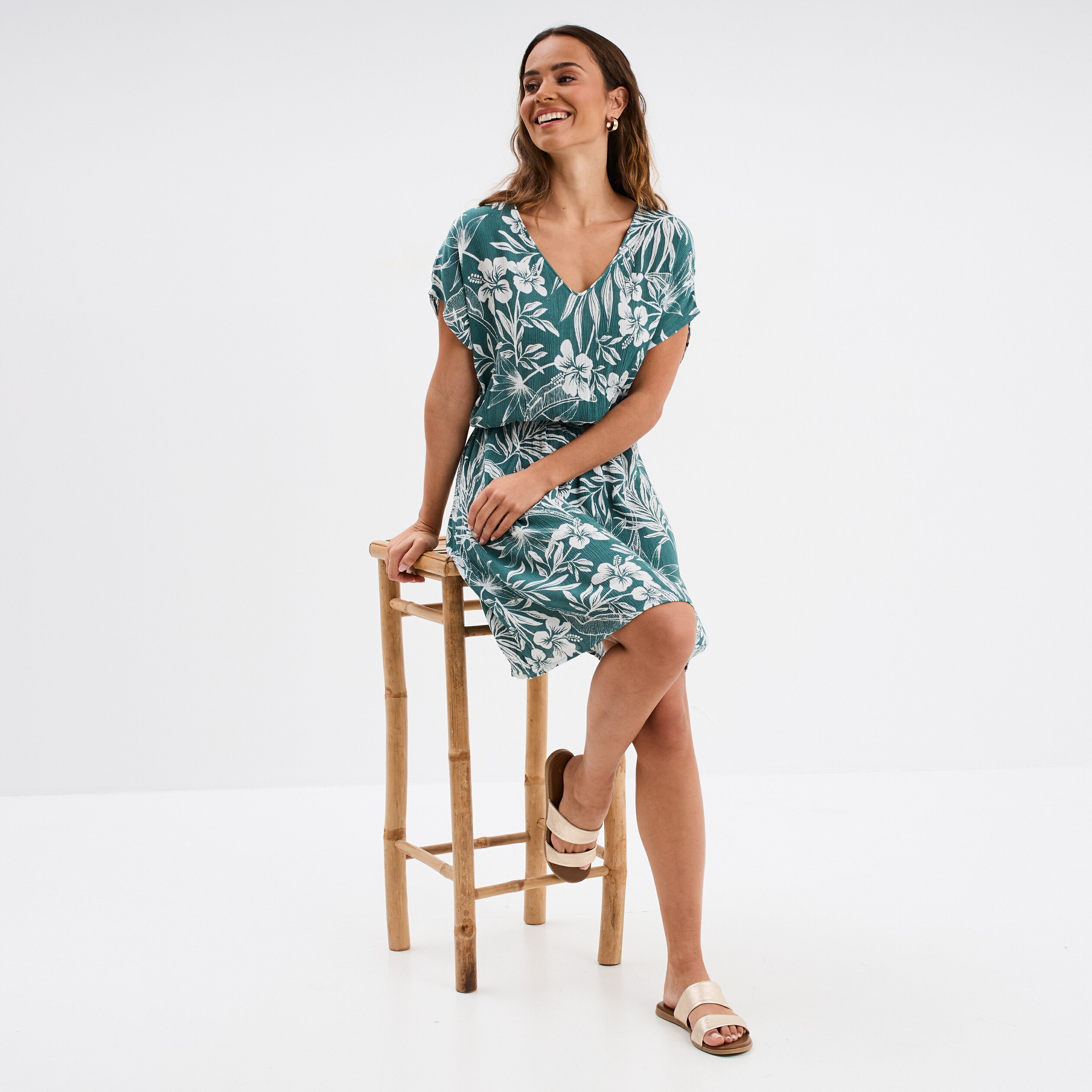 robe caftant courte col en v vert fonce femme Robe caftant courte col en V vert foncé femme