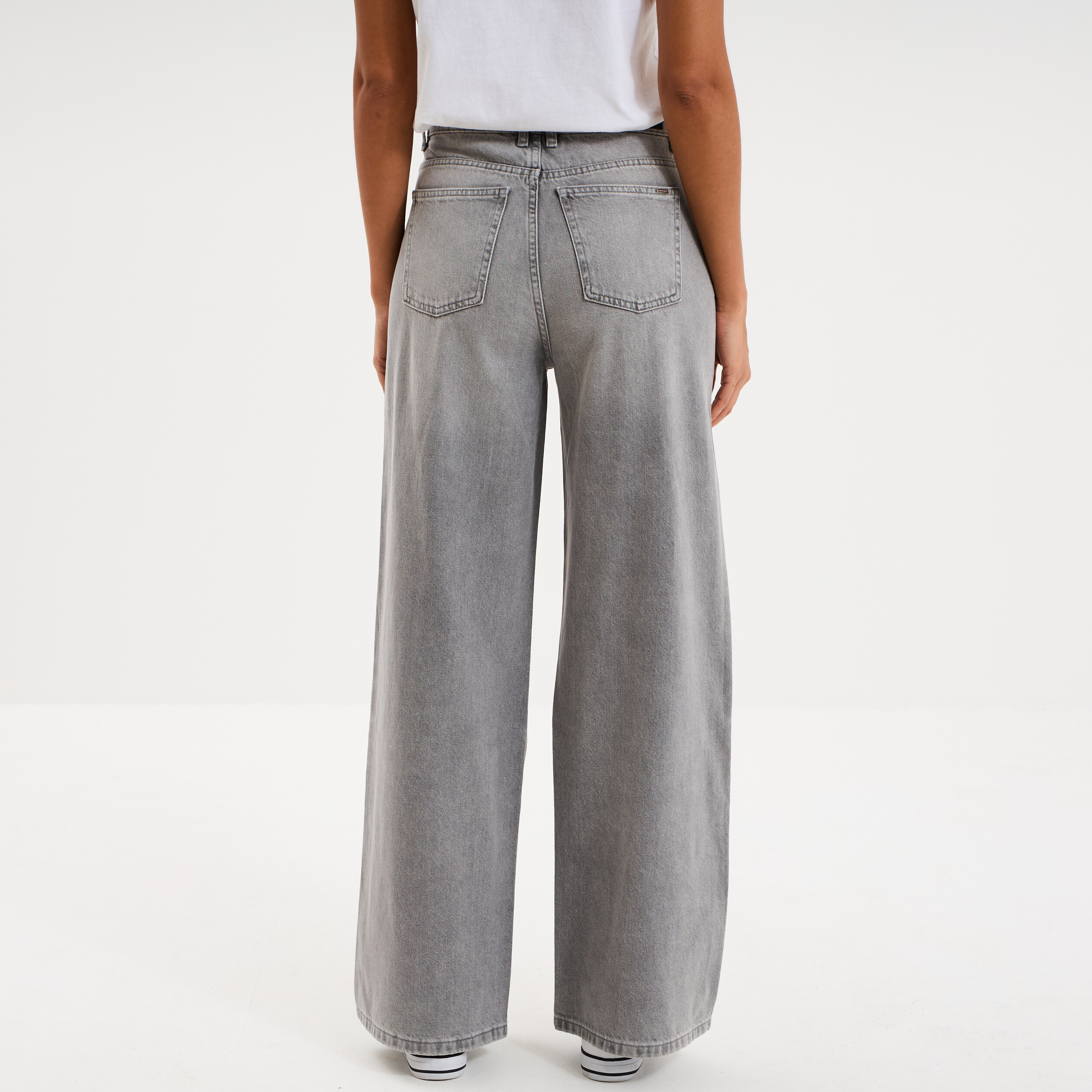 Jean large taille haute coton denim gris femme
