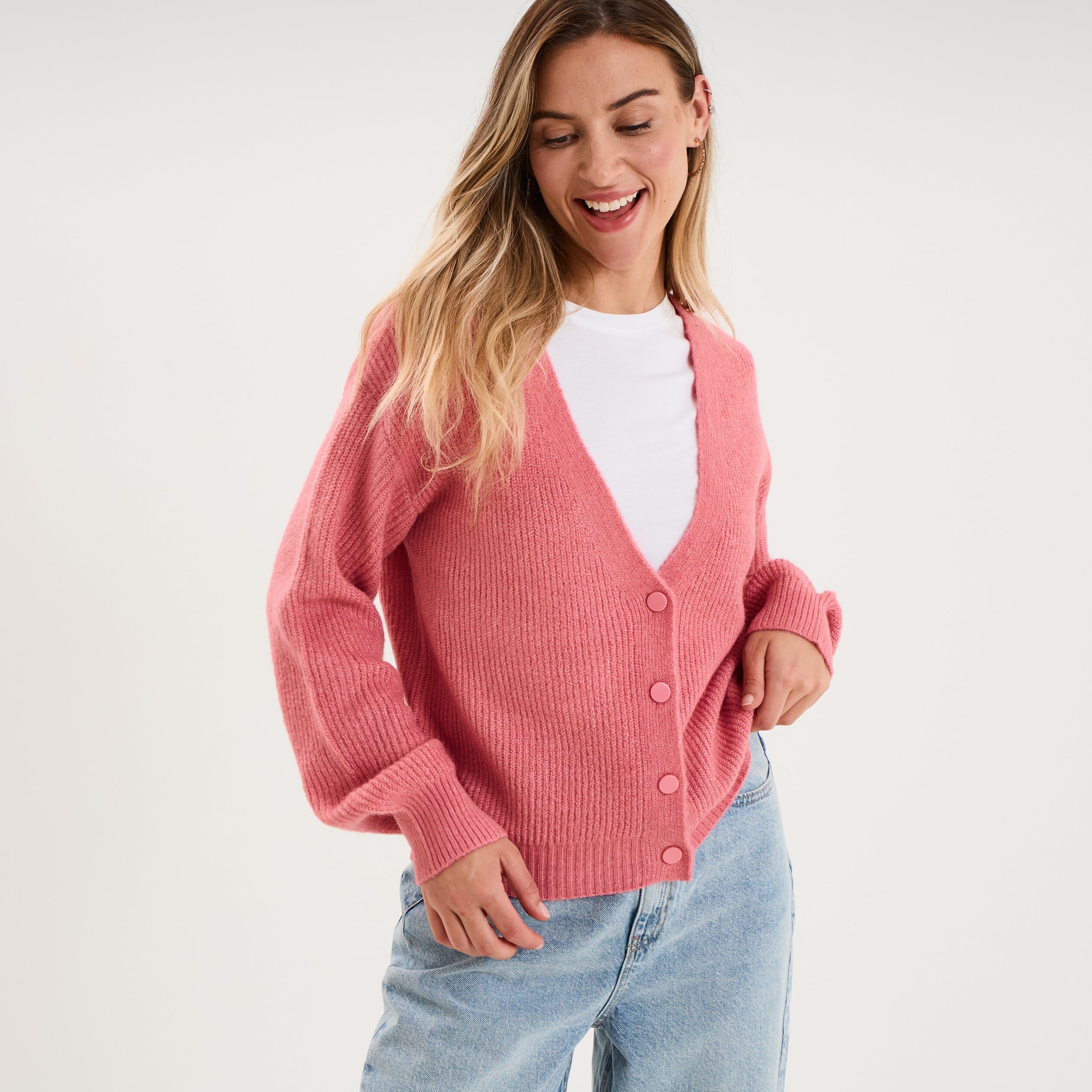 Gilet col en V manches longues ballon vieux rose femme