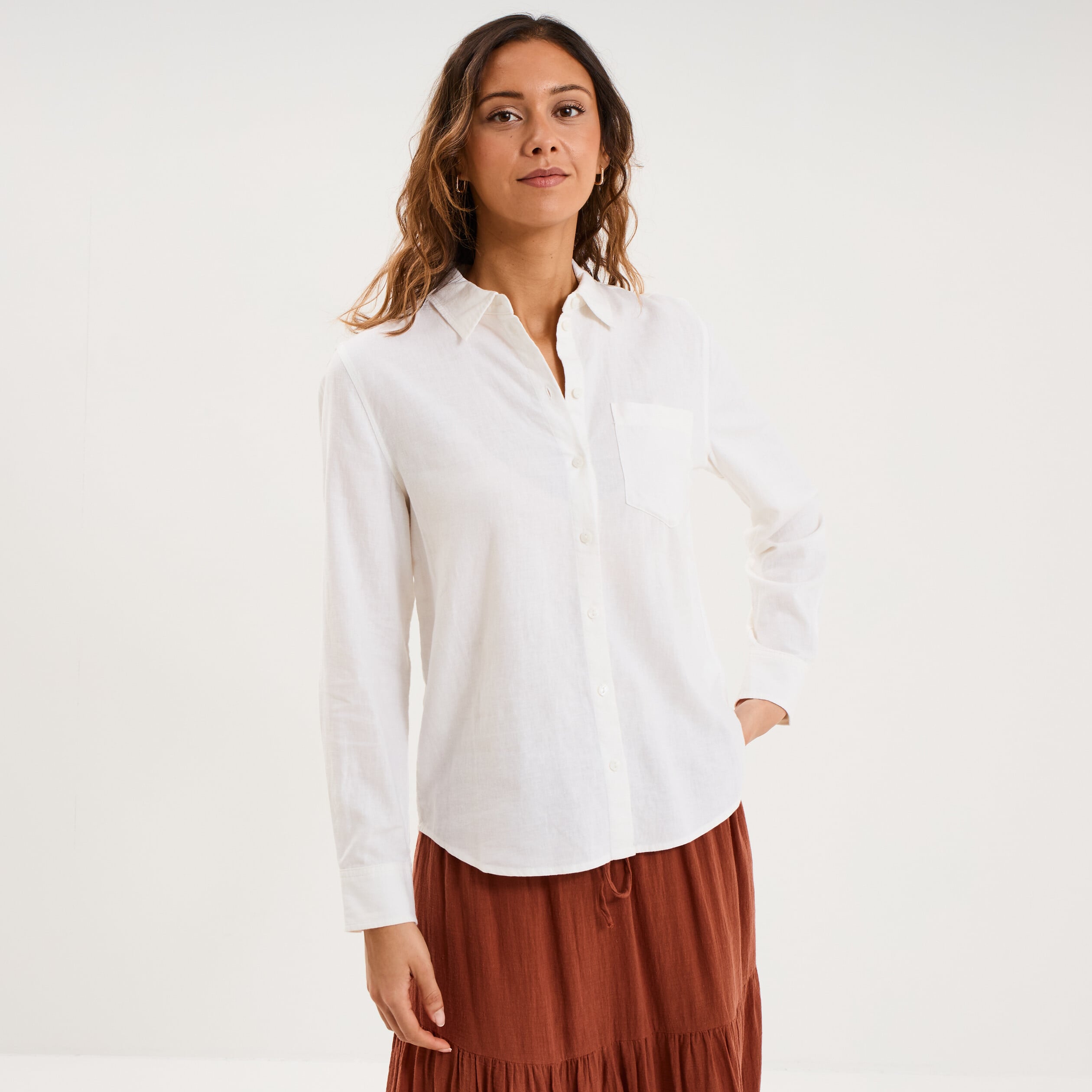 Chemise lin m&eacute;lang&eacute; manches longues blanc femme