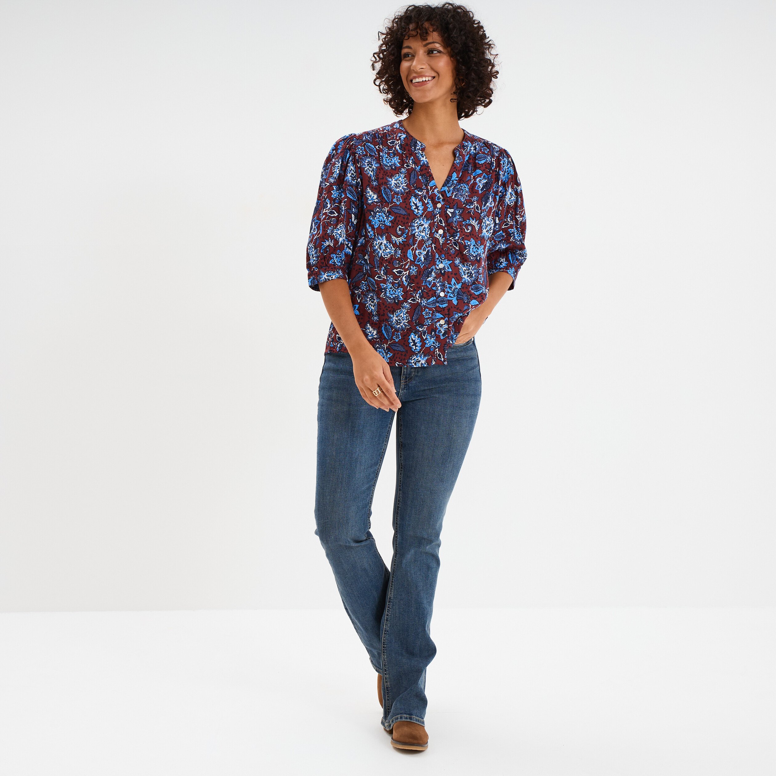 blouse col tunisien manches 34 coton marron femme Blouse col tunisien manches 3/4 coton marron femme
