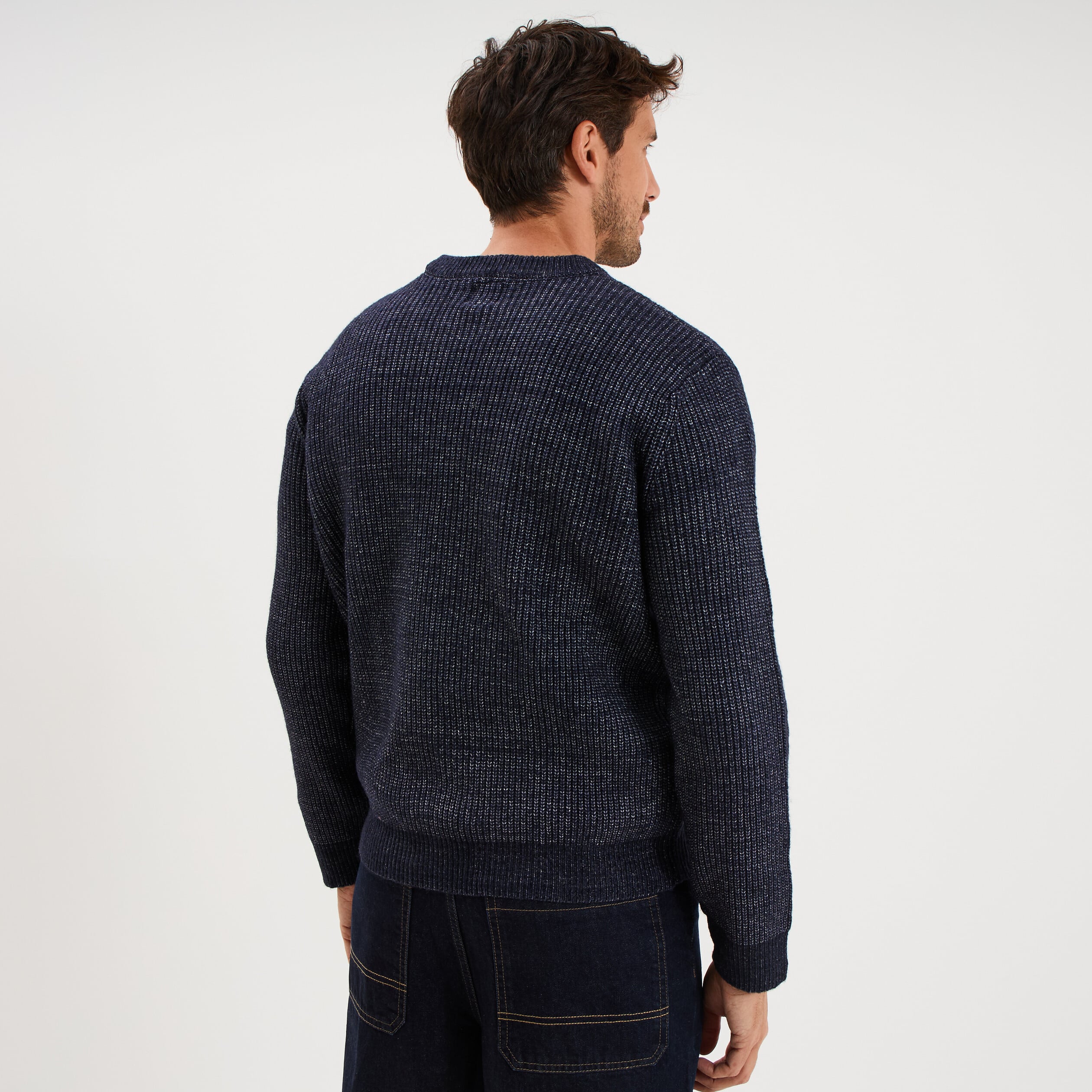 Pull col rond &agrave; manches longues bleu fonc&eacute; homme