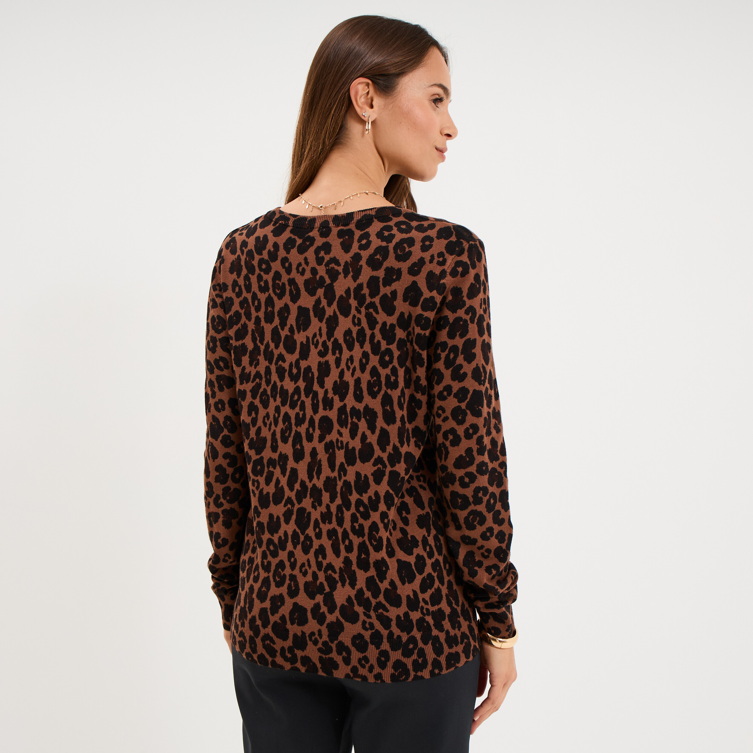 Pull col rond manches longues marron chocolat femme
