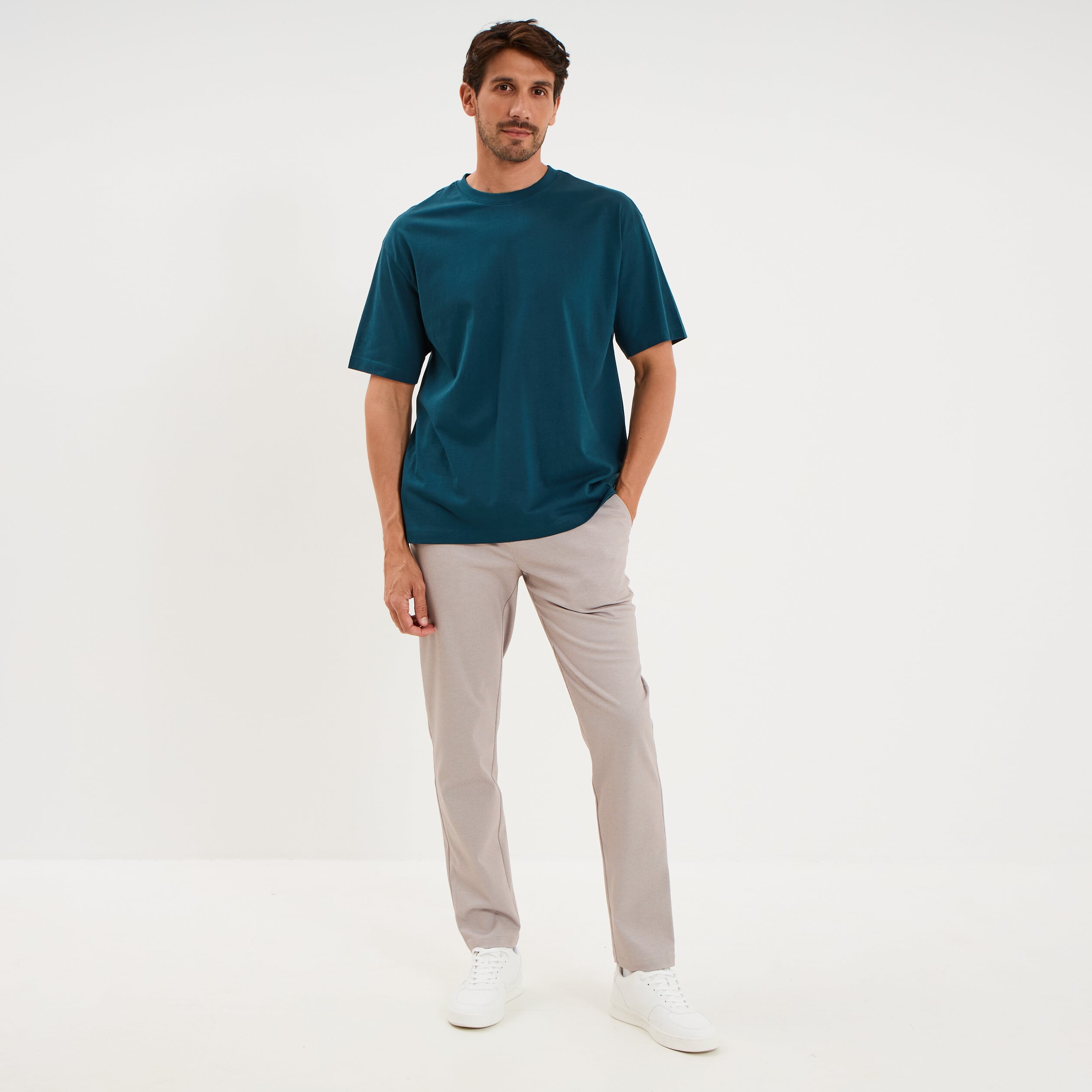 T-shirt col rond coupe relax coton &eacute;pais bleu canard homme