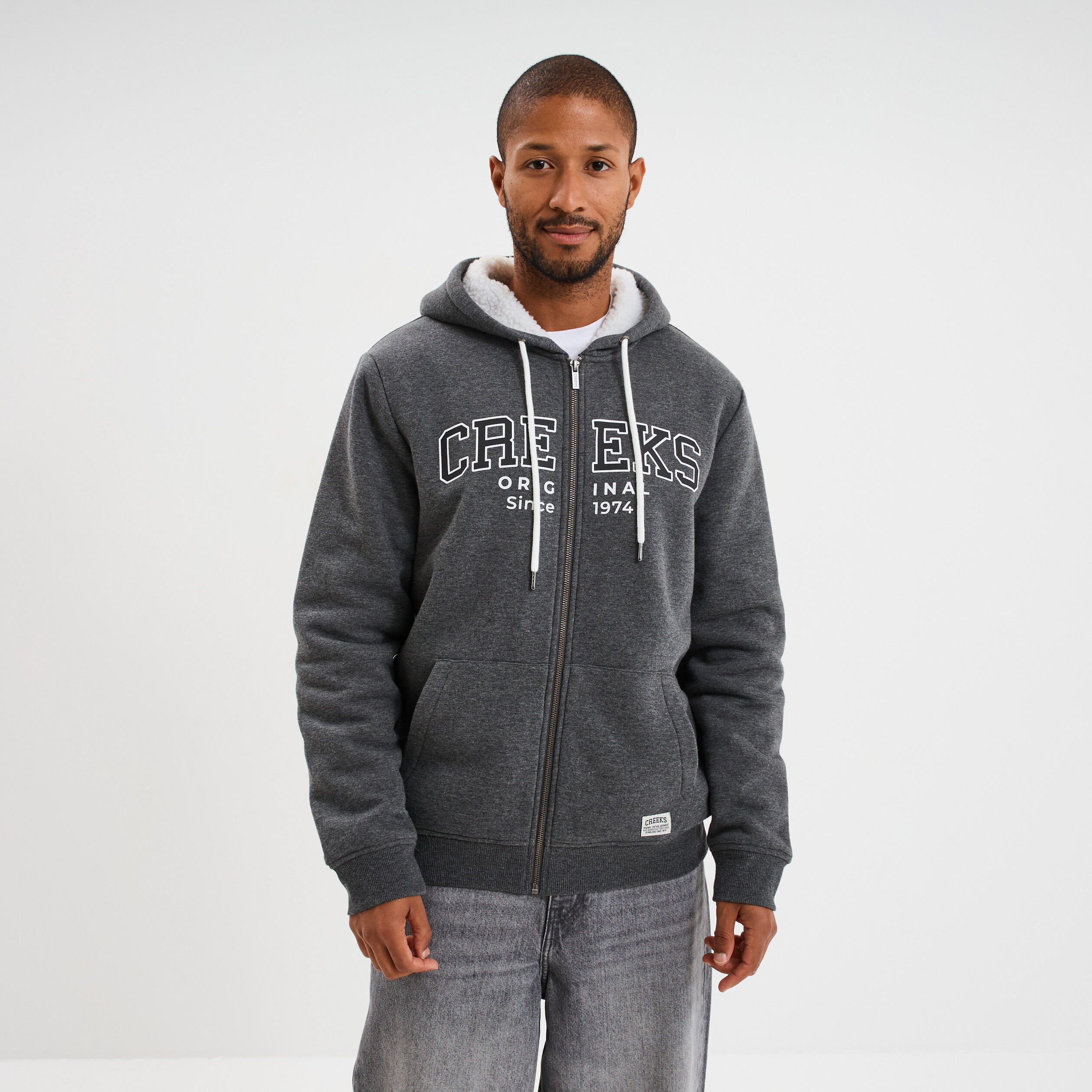 Sweat zippé à capuche doublé gris foncé homme