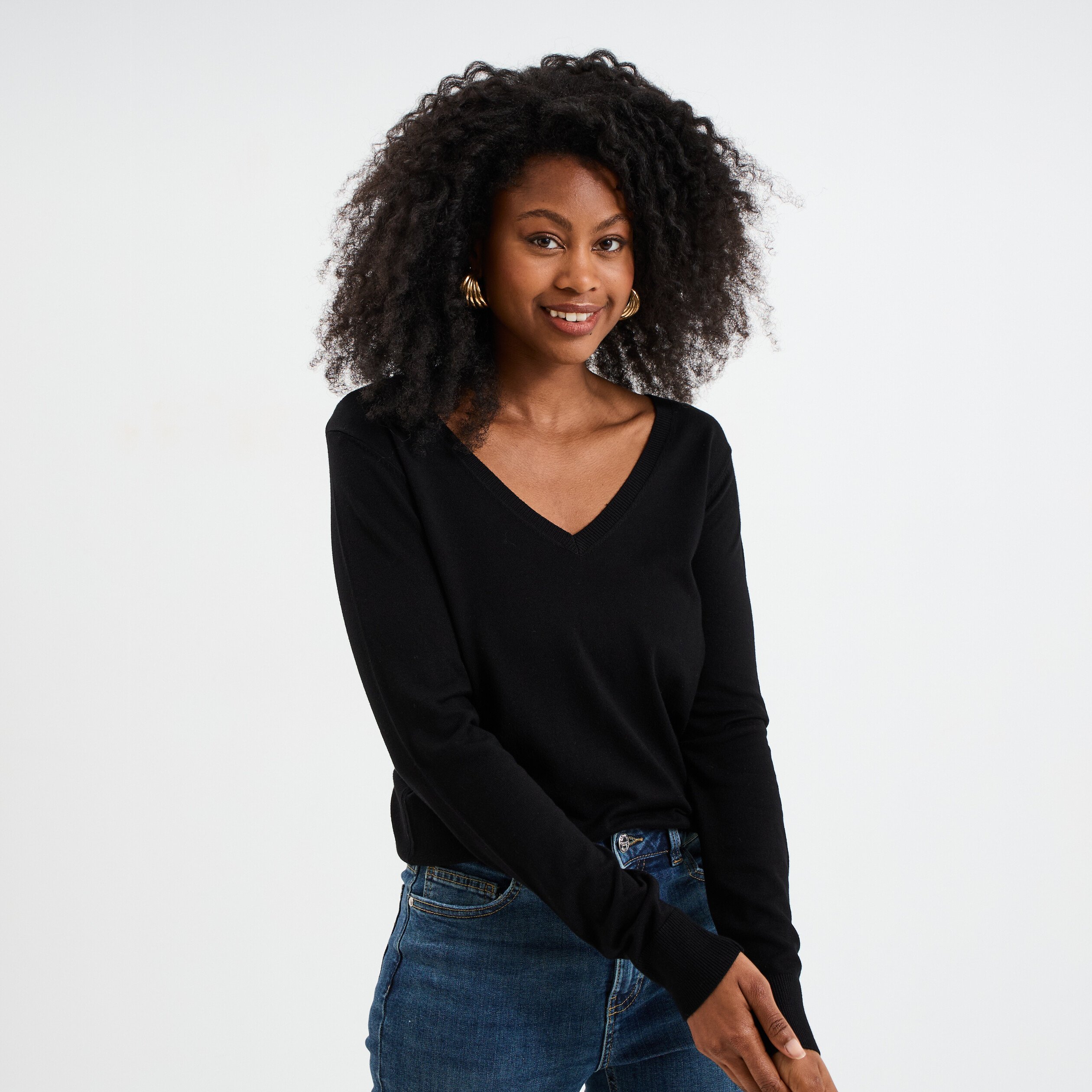 pull col en v manches longues noir femme Pull col en V manches longues noir femme