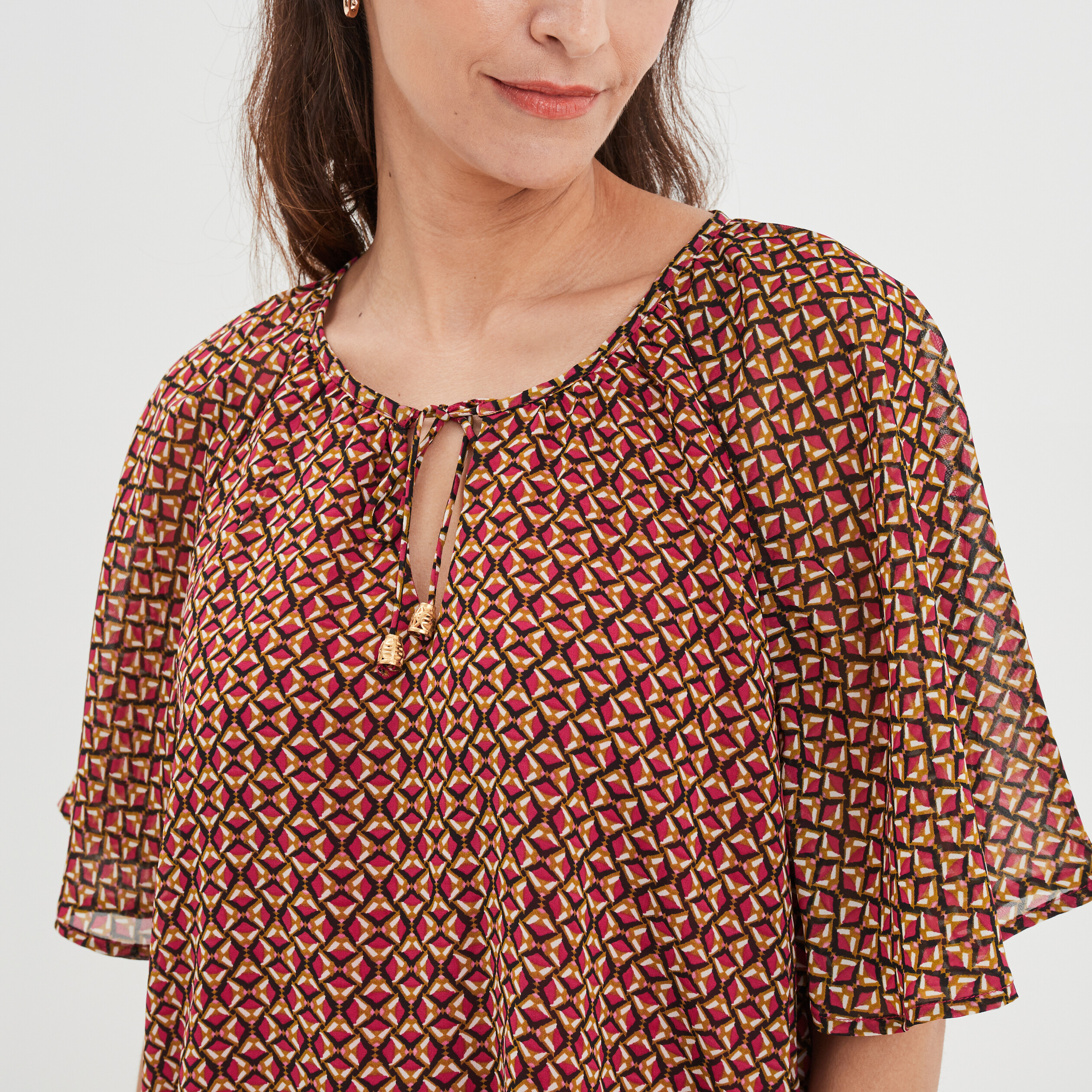 Blouse col tunisien avec cordons rose fushia femme