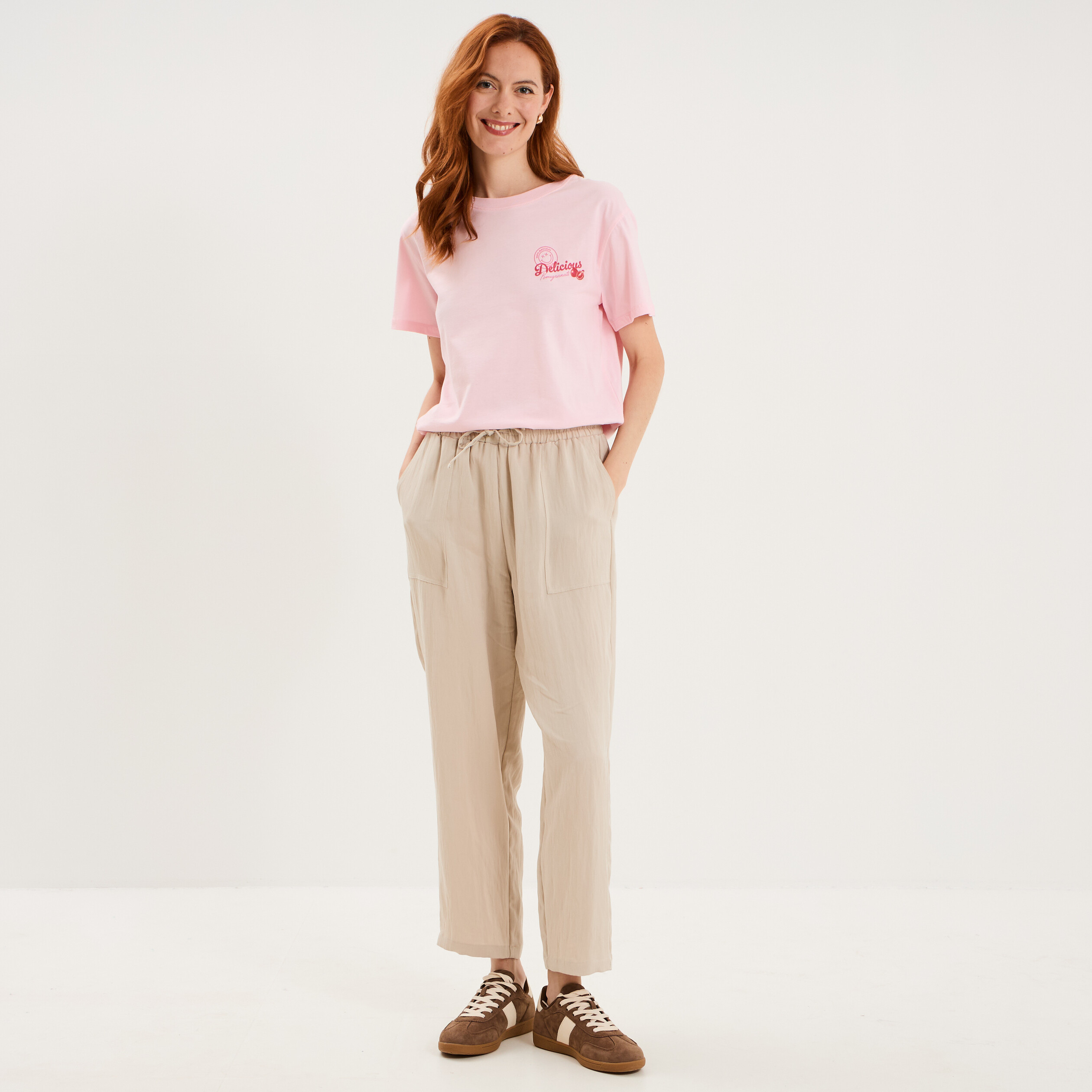 T-shirt col rond coton Smiley World rose femme